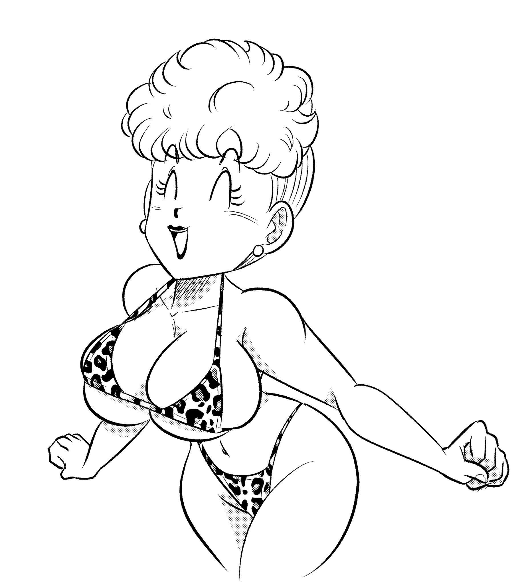 1girls, bikini, breasts, cleavage, closed eyes, dragon ball, dragon ball z, earrings, female, funsexydragonball, gilf, huge breasts, leopard print, lipstick, milf, monochrome, no eyewear, panchy, panchy (dragon ball), panchy briefs, shounen jump, solo