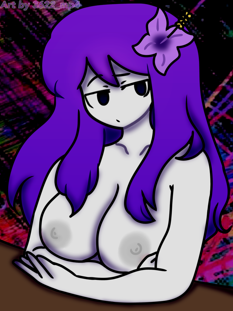 1girls 3622_mp4 areolae big_breasts eyebrows_visible_through_hair female female_only flower_in_hair flower_on_head jvne_(sewerslvt) jvnko(sewerslvt) long_hair looking_at_viewer music_(culture) neon_lights nipples nude purple_eyes purple_hair sewerslvt solo solo_female watermark white_skin