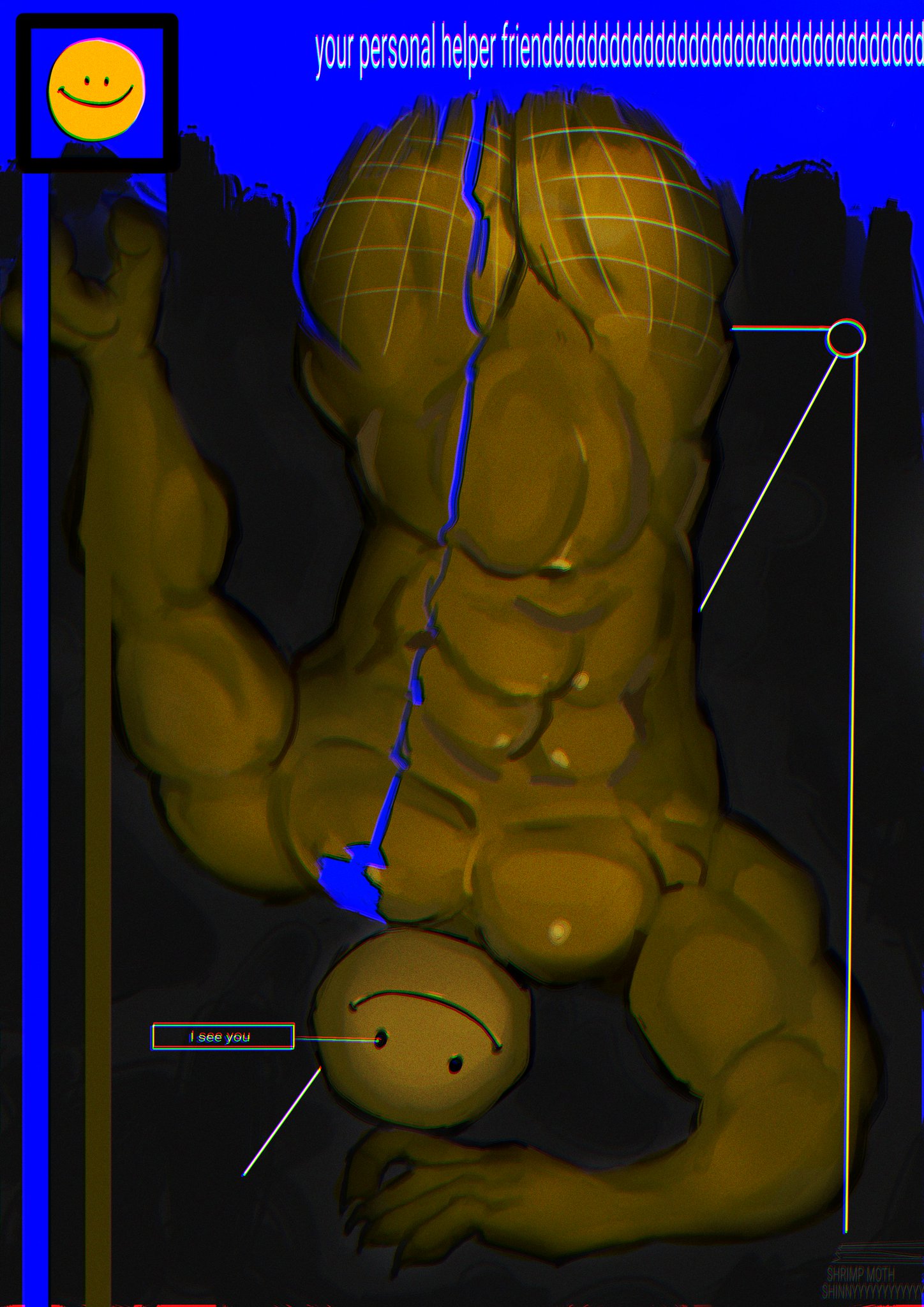 2d (artwork), 5 fingers, abs, anthropomorphization, belly button, blue liquid, claws, dark lighting, dot eyes, english text, error, gay, gay male, grid, male, male only, minecraft, muscular, muscular male, naked, pecs, smile, smiley face, suggestive, tagme, thetrueshinny, thick thighs, upside-down, verity (thatmob), yaoi, yellow body