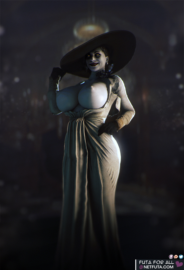 3d, alcina dimitrescu, areolae, big breasts, black hair, breasts, breasts out, dress, dress pull, female, gloves, glowing eyes, hand on hip, hat, hips, large breasts, large hat, large hips, long nipples, looking at viewer, makeup, netfuta, nipples, partially clothed, pinup, pose, red lipstick, render, resident evil, resident evil 8: village, smile, source filmmaker, vampire, white dress, white skin