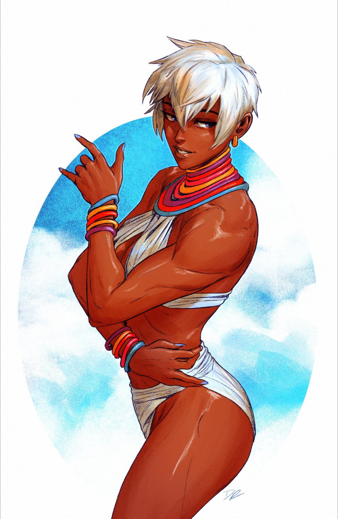 african, african female, barely clothed, breasts, capcom, dark skin, dark-skinned female, dave rapoza, earring, elena (street fighter), female, female only, fingernails, hips, lips, looking at another, signature, simple background, solo female, street fighter, tagme, very short hair, waist, white hair