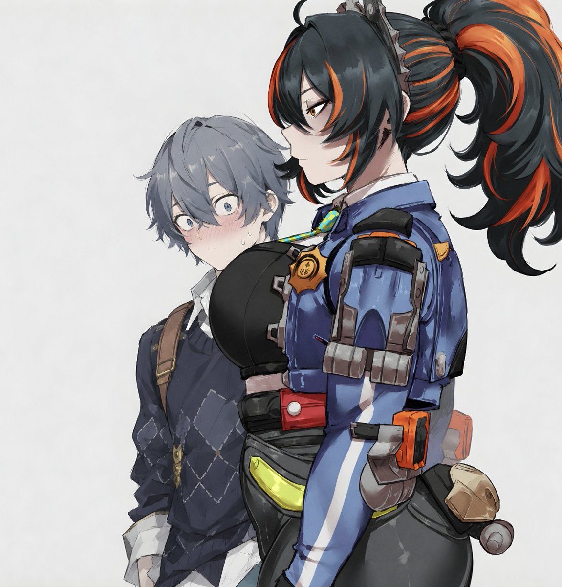 1boy, 1boy1girl, 1girl, ai assisted, ai edit, big breasts, black hair, boobs, braided hair, edit, edited, edited art, green hair, looking at breasts, looking at partner, official alternate costume, policewoman, standing, staring at breasts, thighs, wise (oath of skies) (zenless zone zero), wise (zenless zone zero), zenless zone zero, zhu yuan
