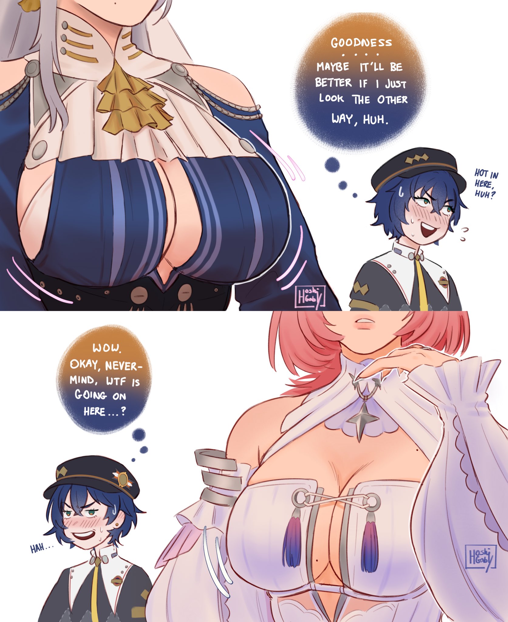 2026, 3girls, artist request, belle (brilliance of stars) (zenless zone zero), belle (zenless zone zero), big breasts, blush, cleavage, female only, hoyoverse, huge breasts, large breasts, light skin, light-skinned female, looking away, official alternate costume, pink hair, remielle dan, short hair, tagme, velina airgid, white hair, yuri, zenless zone zero