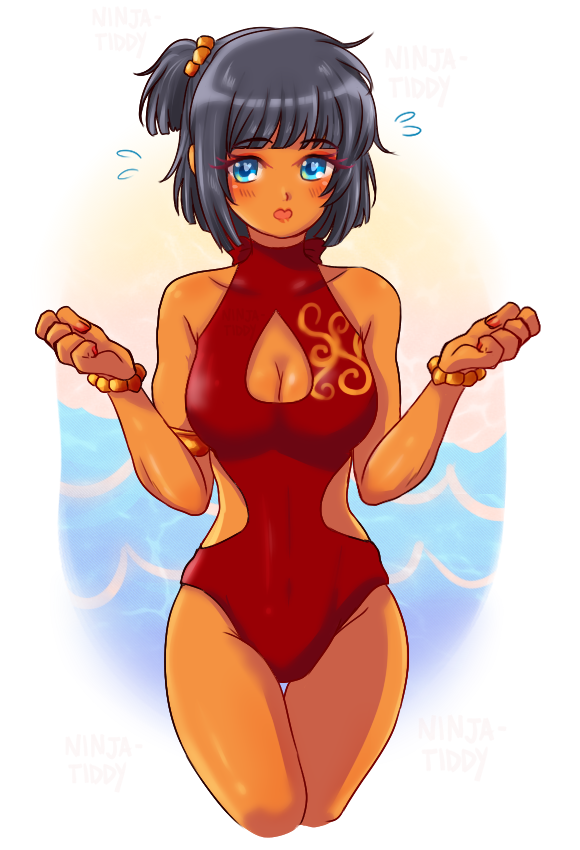1girls, artist request, blue eyes, blush, bracelet, breasts, cleavage, eyebrows visible through hair, female, female only, heart-shaped pupils, lego, looking at viewer, ninjago, nya (ninjago), one-piece swimsuit, side ponytail, solo, swimsuit, thighs