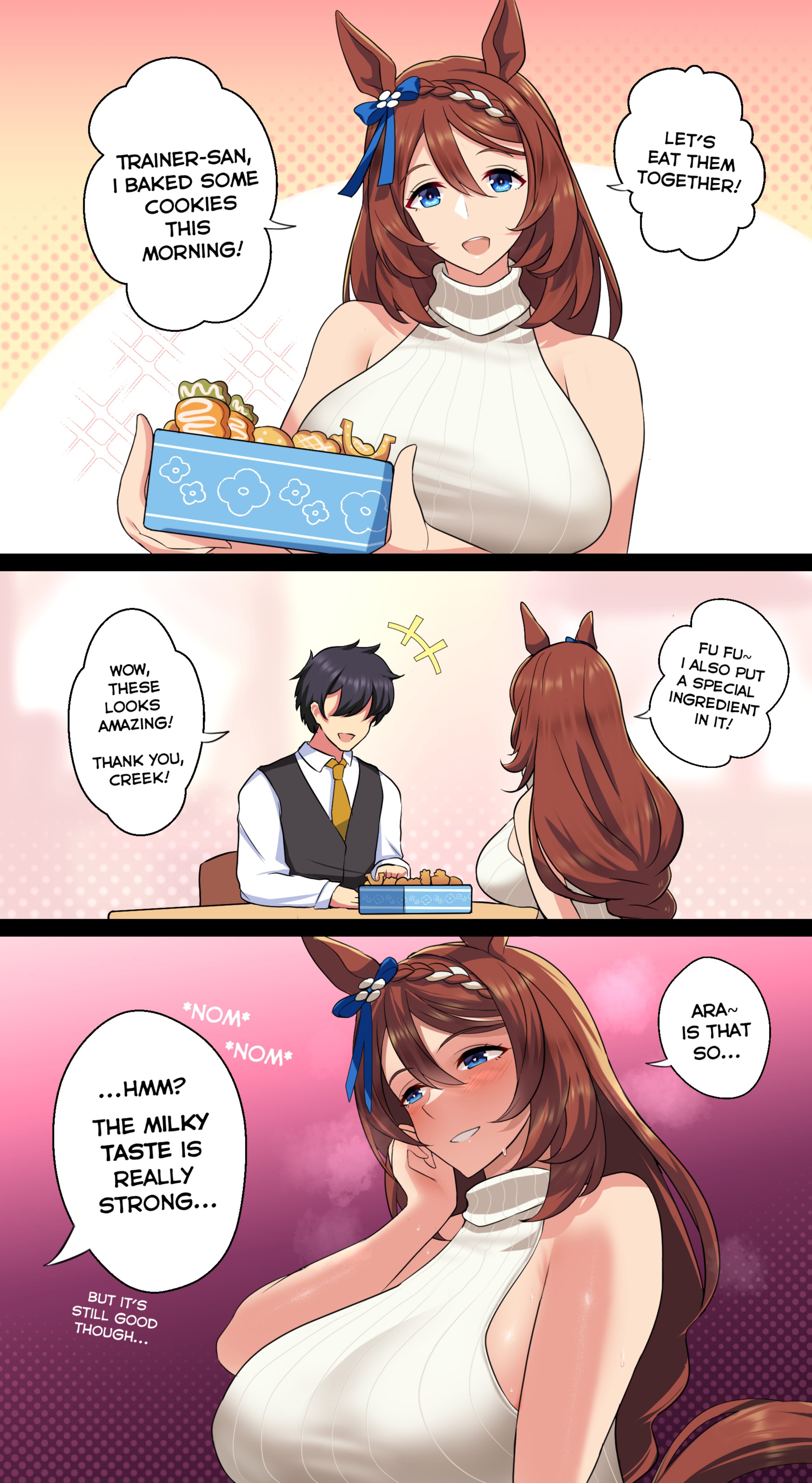 2026, alto-kun, big breasts, comic, horse ears, horse girl, implied breast milk, implied lactation, super creek (umamusume), tagme, trainer (umamusume), umamusume
