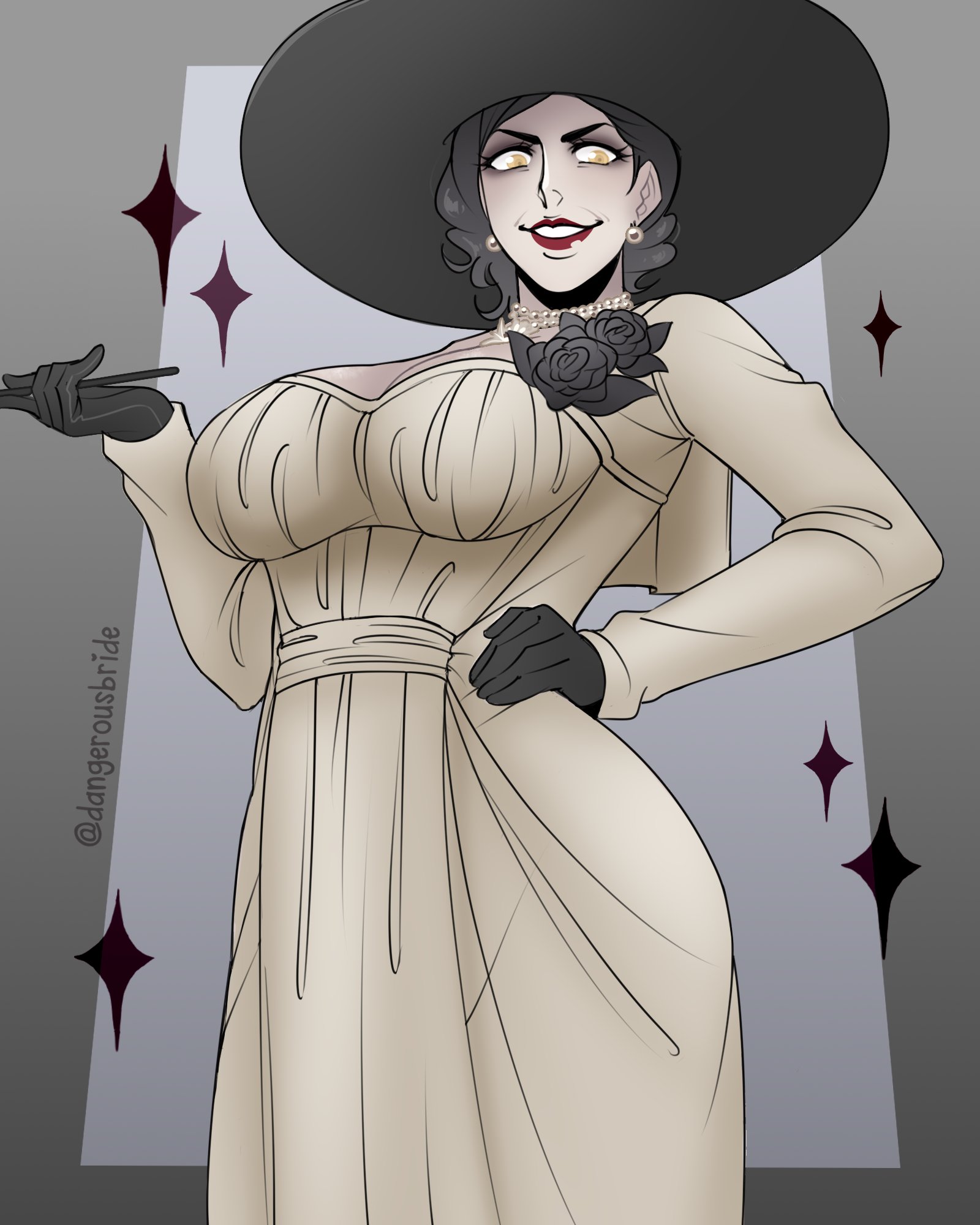 1girls, alcina dimitrescu, black hair, capcom, dangerousbride, dress, earrings, female, female only, flower, gloves, hat, hi res, large hat, light skin, light-skinned female, looking at viewer, necklace, pale skin, pale-skinned female, pipe, red lipstick, resident evil, resident evil 8: village, solo, solo female, sparkles, tall female, vampire, wide hips, yellow eyes