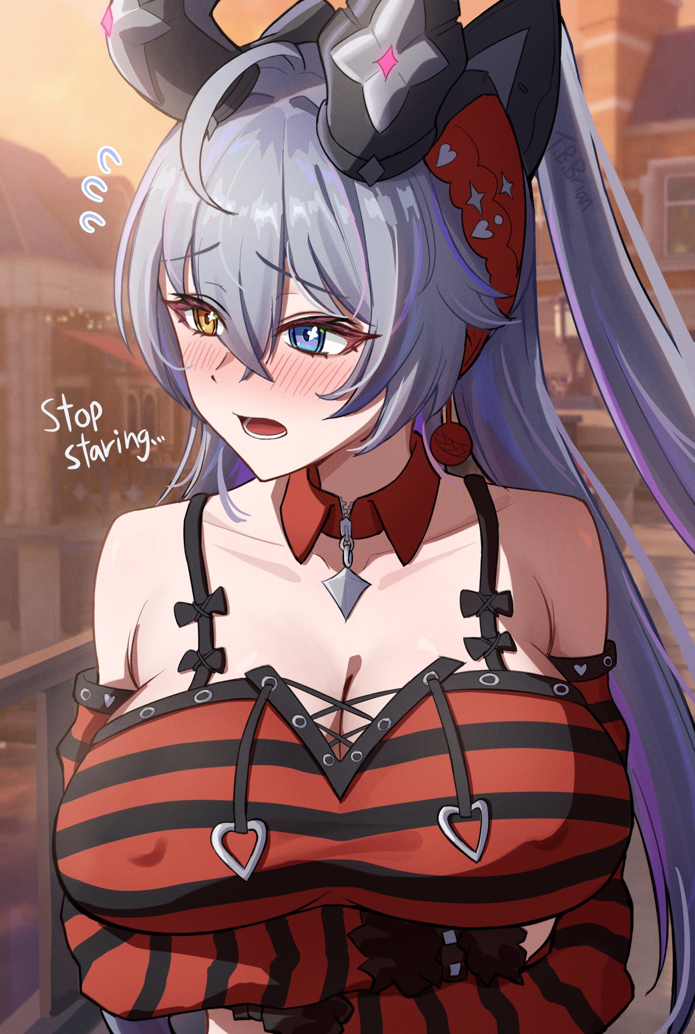 1girls, 2026, arms under breasts, bare shoulders, big breasts, blush, cleavage, embarrassed, erect nipples under clothes, grey hair, heterochromia, horns, hoyoverse, huge breasts, lindverne sunbringer, nipple bulge, nipples visible through clothing, official alternate costume, pov, sunbringer (zenless zone zero), tagme, tbbrian 1, zenless zone zero