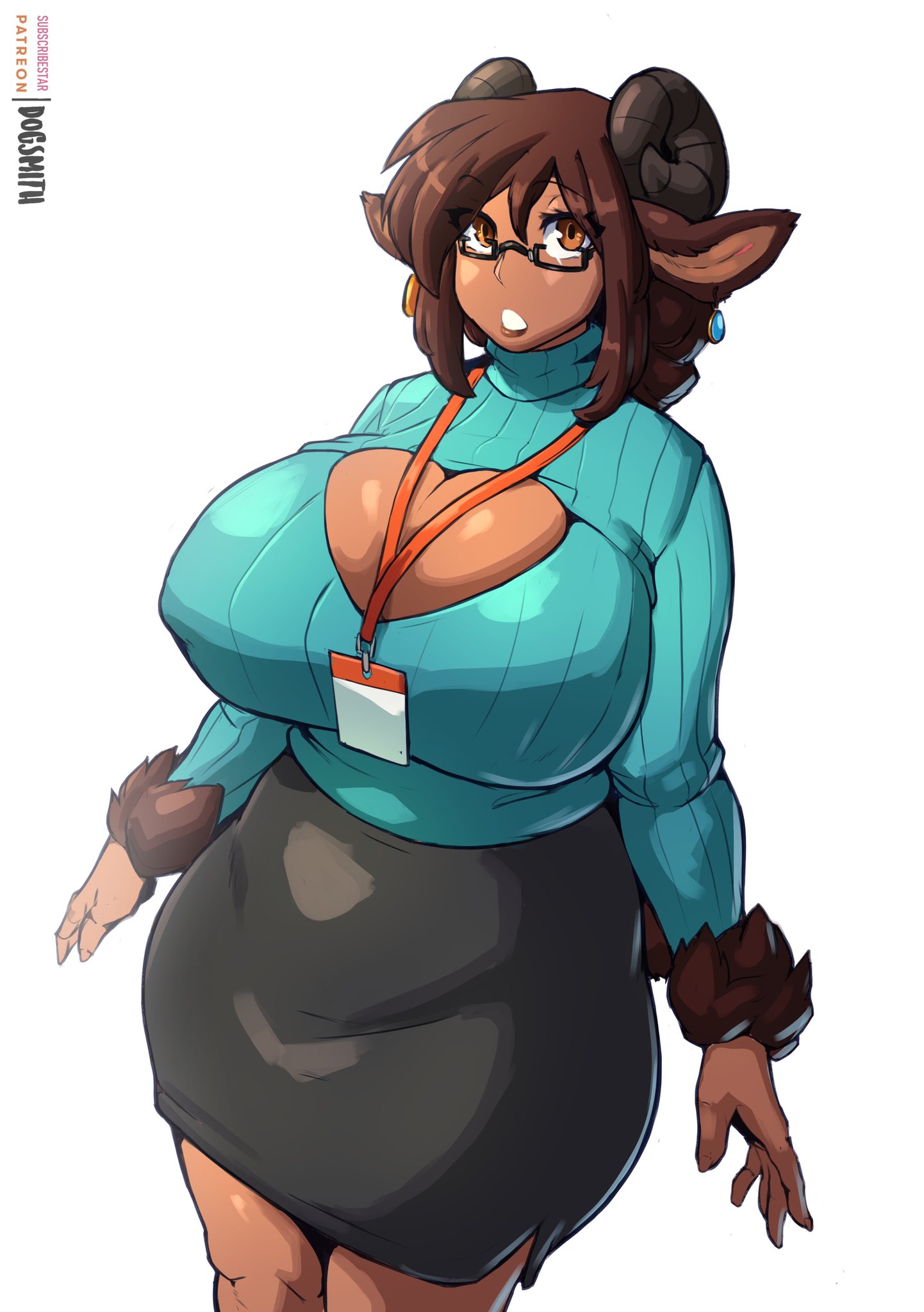 1girls, anthro, breasts, cleavage, faizenek, female, female only, furry, huge breasts, inu-sama, looking at viewer, solo, the dogsmith