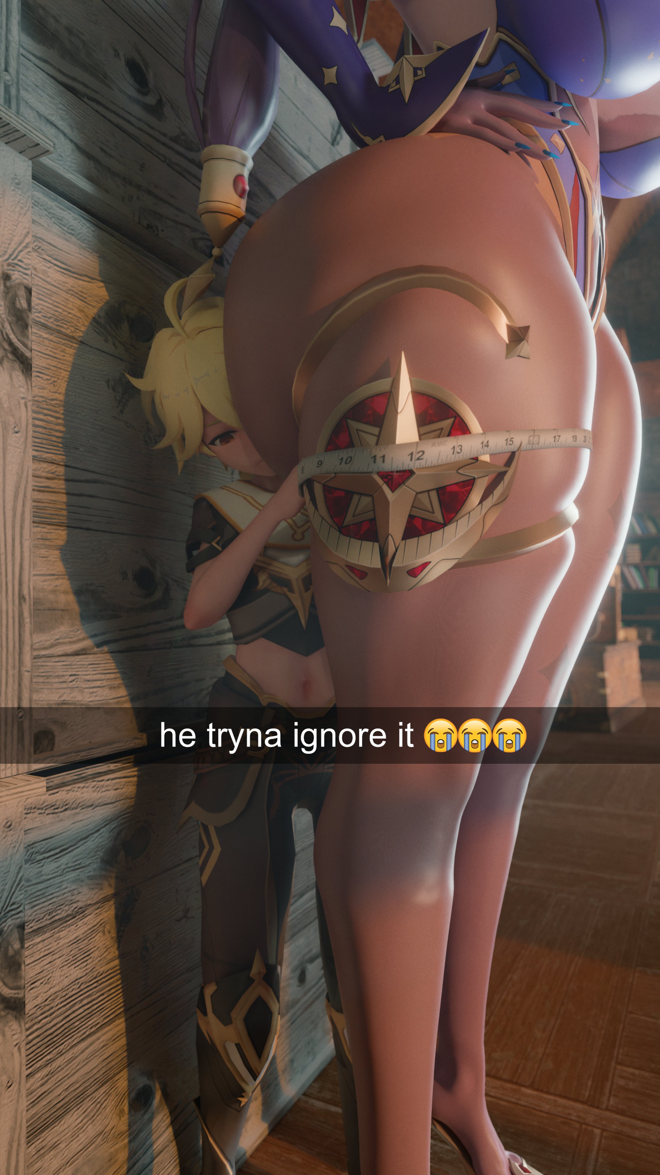 1boy, 1girls, 3d, 3d (artwork), aether (genshin impact), ass, big ass, big boobs, big breasts, big butt, boobs, breasts, butt, extreme size difference, genshin impact, giantess, he tryna ignore it (meme), huge ass, huge butt, large boobs, large breasts, light skin, light-skinned female, light-skinned male, mini giantess, mona (genshin impact), size difference, sizmetric