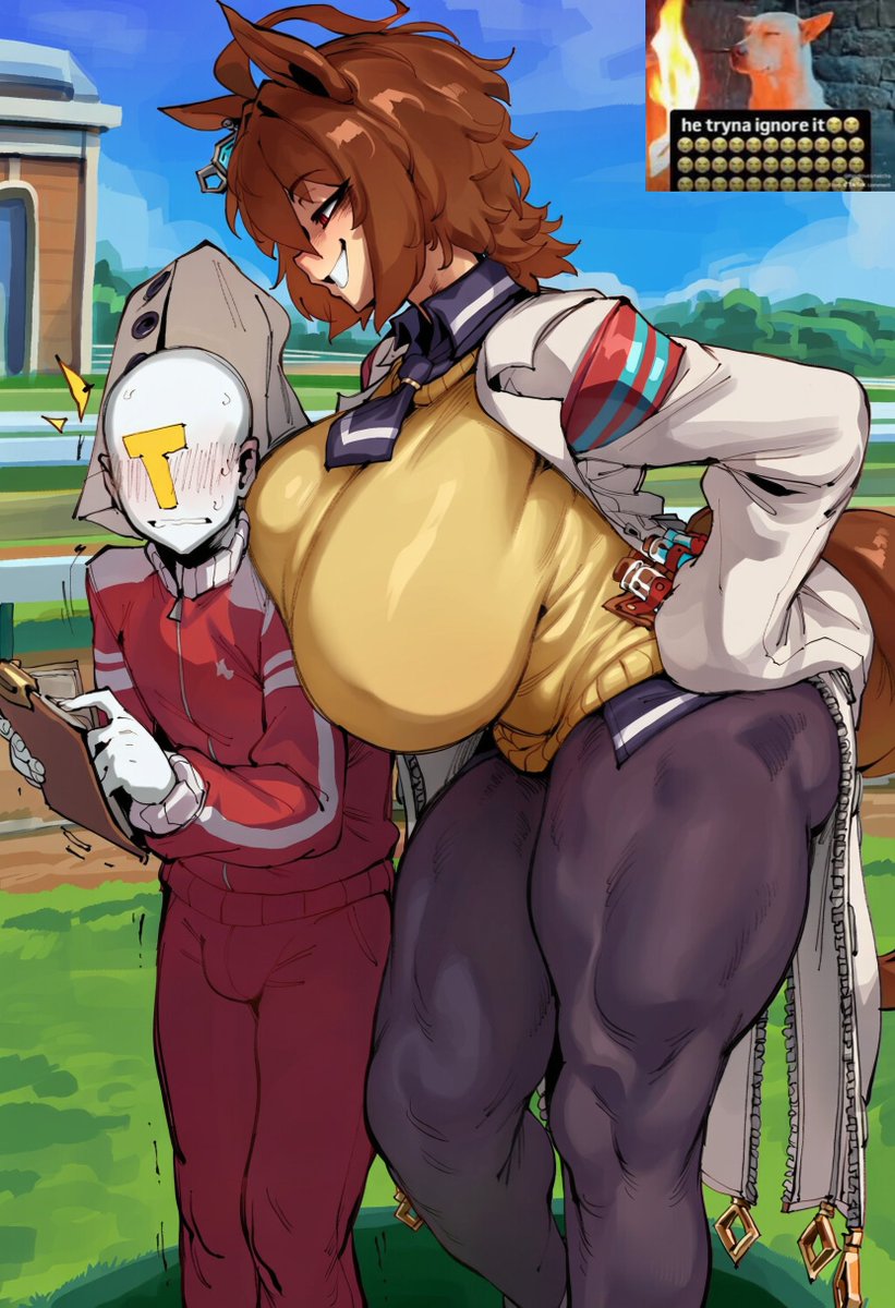 1girl, 2026, 2d, absurd res, absurd resolution, absurdres, agnes tachyon (umamusume), ahoge, ai generated, alternate breast size, animal ears, big penis, blush, breast press, breasts, brown hair, bulge, clipboard, collared shirt, earrings, faceless, faceless male, gloves, grass, grin, hand on own hip, height difference, hi res, high quality, high resolution, highres, holding, holding clipboard, horse ears, horse girl, horse tail, huge breasts, ichislop, image, jacket, lab coat, long sleeves, looking at another, medium hair, muscular, necktie, open clothes, outdoors, pants, pantyhose, patreon, red jacket, shiny skin, shirt, short hair, short necktie, sleeves past wrists, smile, sweat, sweater, sweater vest, t-head trainer, tail, tall, tall female, thick thighs, thighs, tracen training uniform, track jacket, track suit, trainer (umamusume), trembling, umamusume, umamusume pretty derby, uncensured, yellow sweater, zipper, zipper pull tab