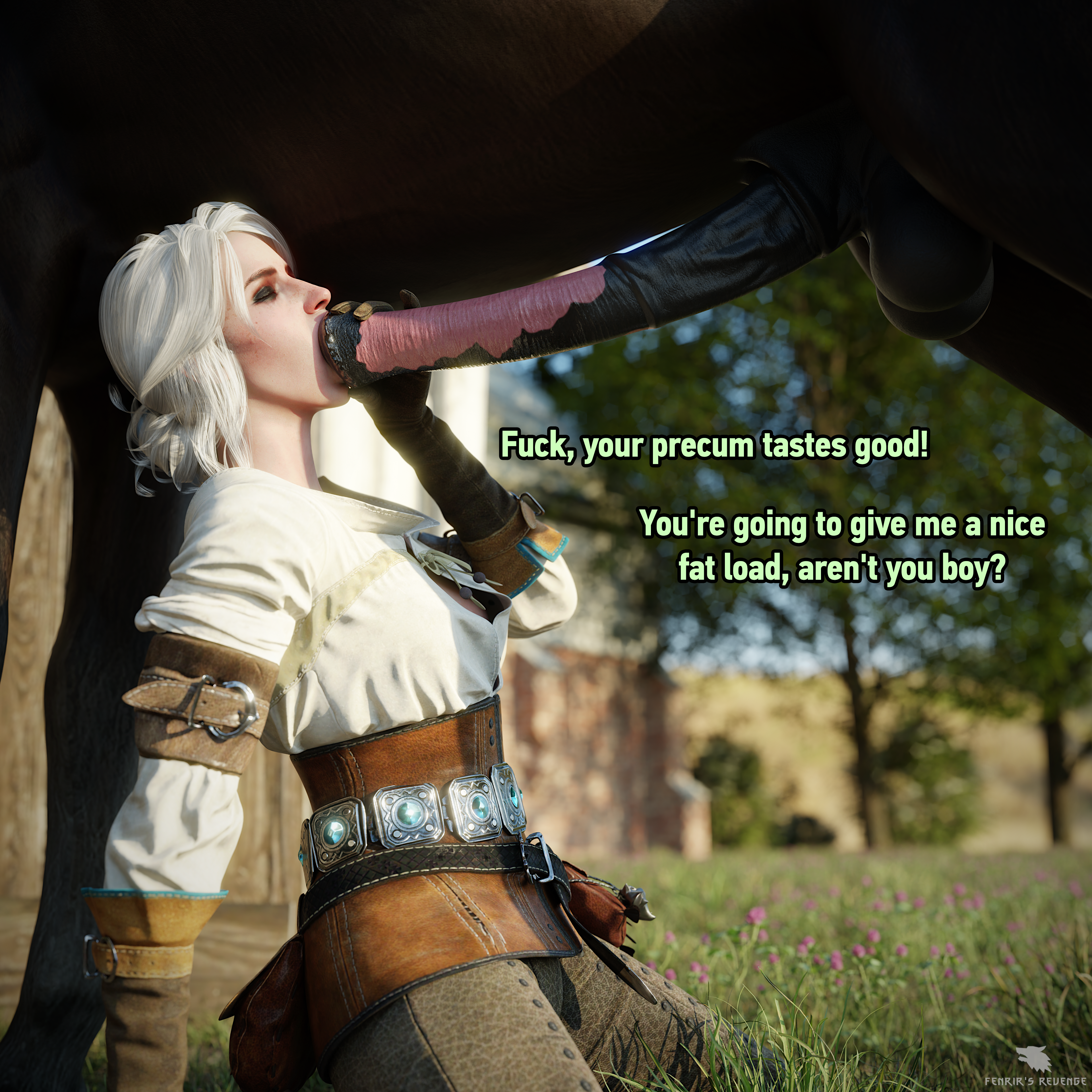 1animal, 1boy, 1girls, 3d, absurdres, animal genitalia, blender, brown gloves, cd projekt red, ciri, english text, erection, fellatio, female, fenrir'srevenge, feral, feral on female, gloved handjob, gloves, hand on penis, handjob, handjob with gloves, highres, holding penis, horse, horsecock, huge cock, larger feral, larger male, leather, male, oral, penis, size difference, smaller female, smaller human, source request, straight, text, the witcher (series), the witcher 3: wild hunt, touching penis, zoophilia