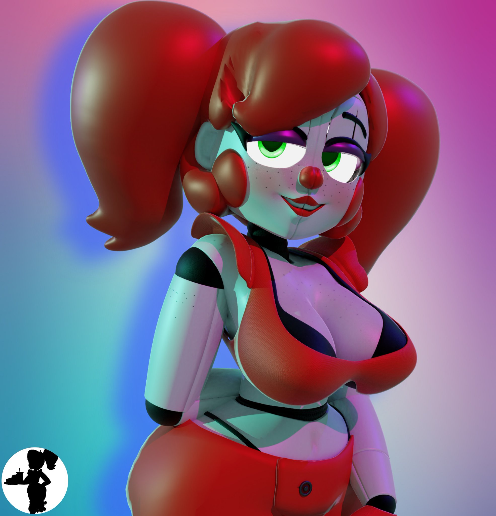 3d, baby (fnafsl), blush, bra, bra cups sticking out, circus baby, circus baby (fnaf), female, five nights at freddy's, five nights at freddy's: sister location, freckles, green eyes, looking at viewer, robot, so87baby, solo, summer of 87 baby, tagme