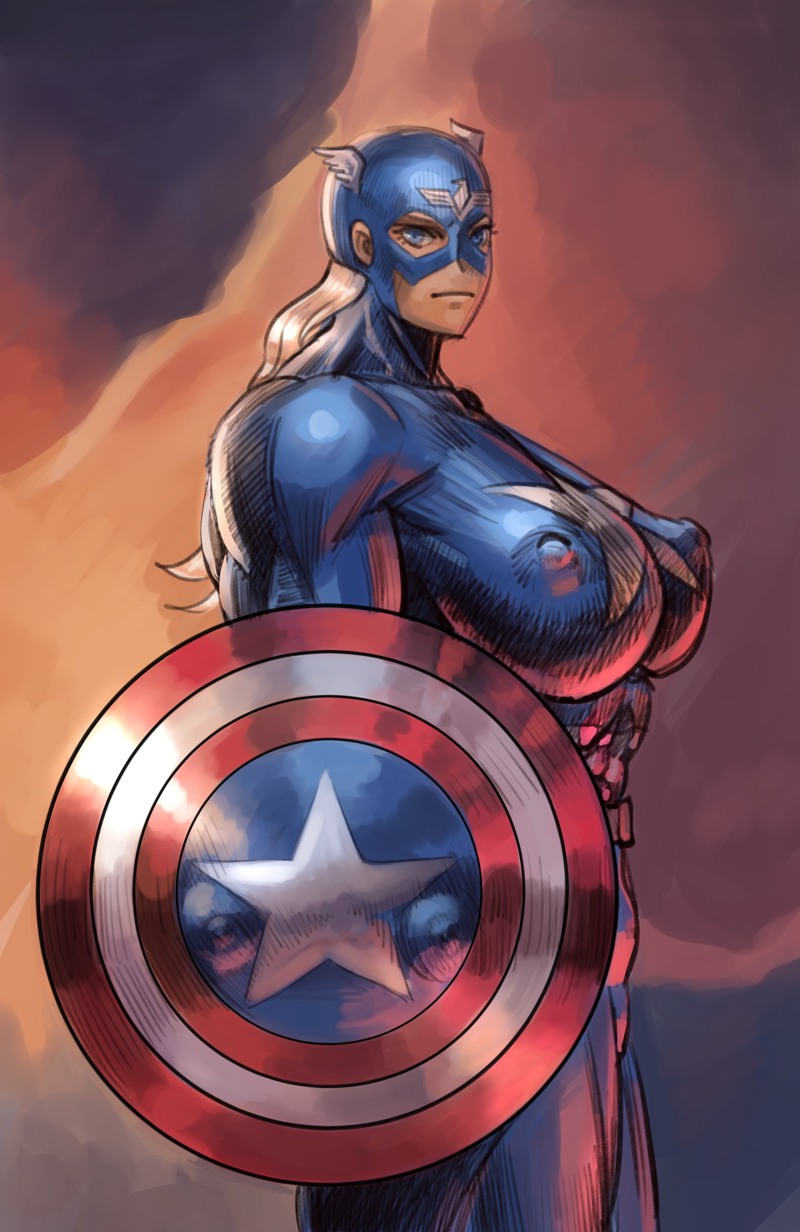 1girls, abs, big breasts, blonde hair, blue eyes, breasts, busty, captain america, captain america (series), captain america's shield, erect nipples, erect nipples under clothes, female, female only, genderswap, genderswap (mtf), human, human only, large breasts, long hair, marvel, marvel comics, meme, muscles, muscular, muscular female, nipples, parody, reference, rule 63, solo, solo female, steve rogers, superheroine, tagme, wassnonnam