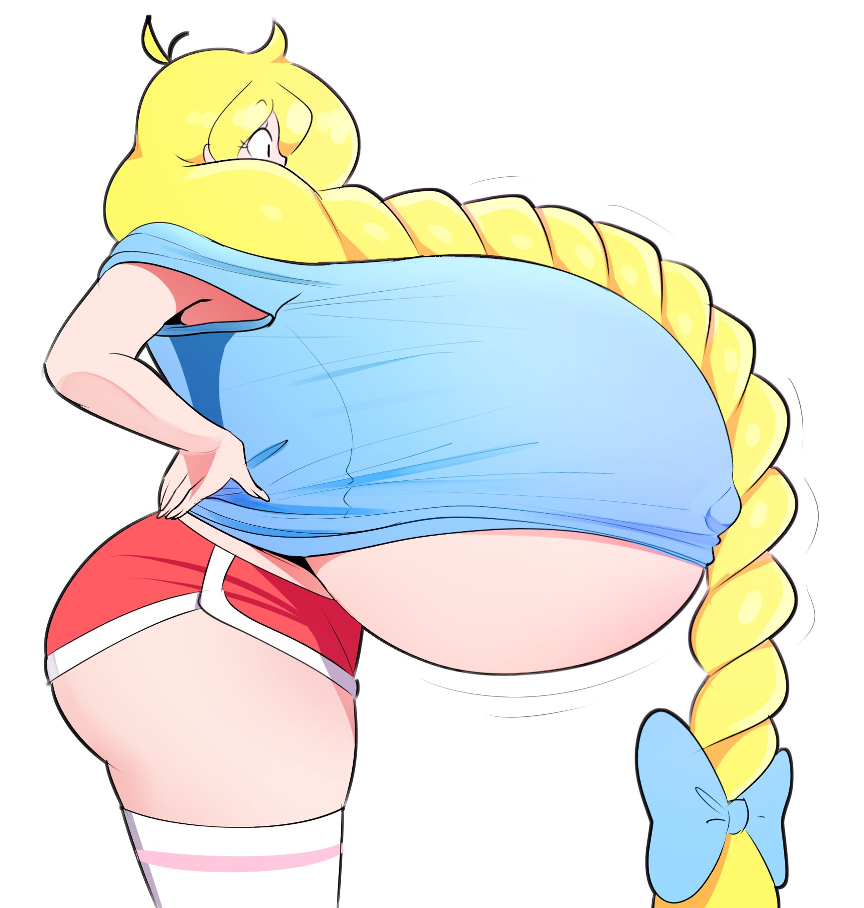 1girls, 2021, big breasts, blonde hair, blue bow, blue shirt, braid, braided hair, braided ponytail, breasts, cassie (theycallhimcake), female, gigantic breasts, huge breasts, hyper, hyper breasts, looking down, nipple bulge, original, ponytail, red shorts, shorts, side view, solo, solo female, solo focus, theycallhimcake, thick, thick thighs, thighs, top heavy, underboob
