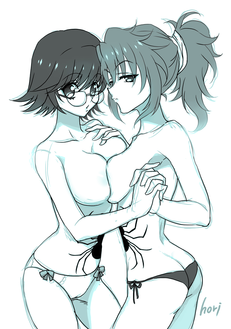 2girls ass asymmetrical_docking big_breasts black_hair breast_to_breast breasts female female_only hand_holding hori human hunter_x_hunter large_breasts machi_komacine monochrome multiple_girls panties phantom_troupe shizuku_murasaki short_hair shounen_jump spider_tattoo stomach_tattoo tattoo villainess wide_hips yuri