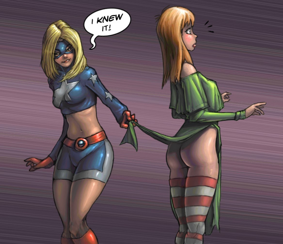 2girls ass blonde_hair courtney_whitmore cyclone_(dc) dc dc_comics dress green_dress jsa justice_society_of_america long_hair maxine_hunkel multiple_girls no_panties red_hair star-spangled_kid stargirl thick_thighs thighhighs yuri