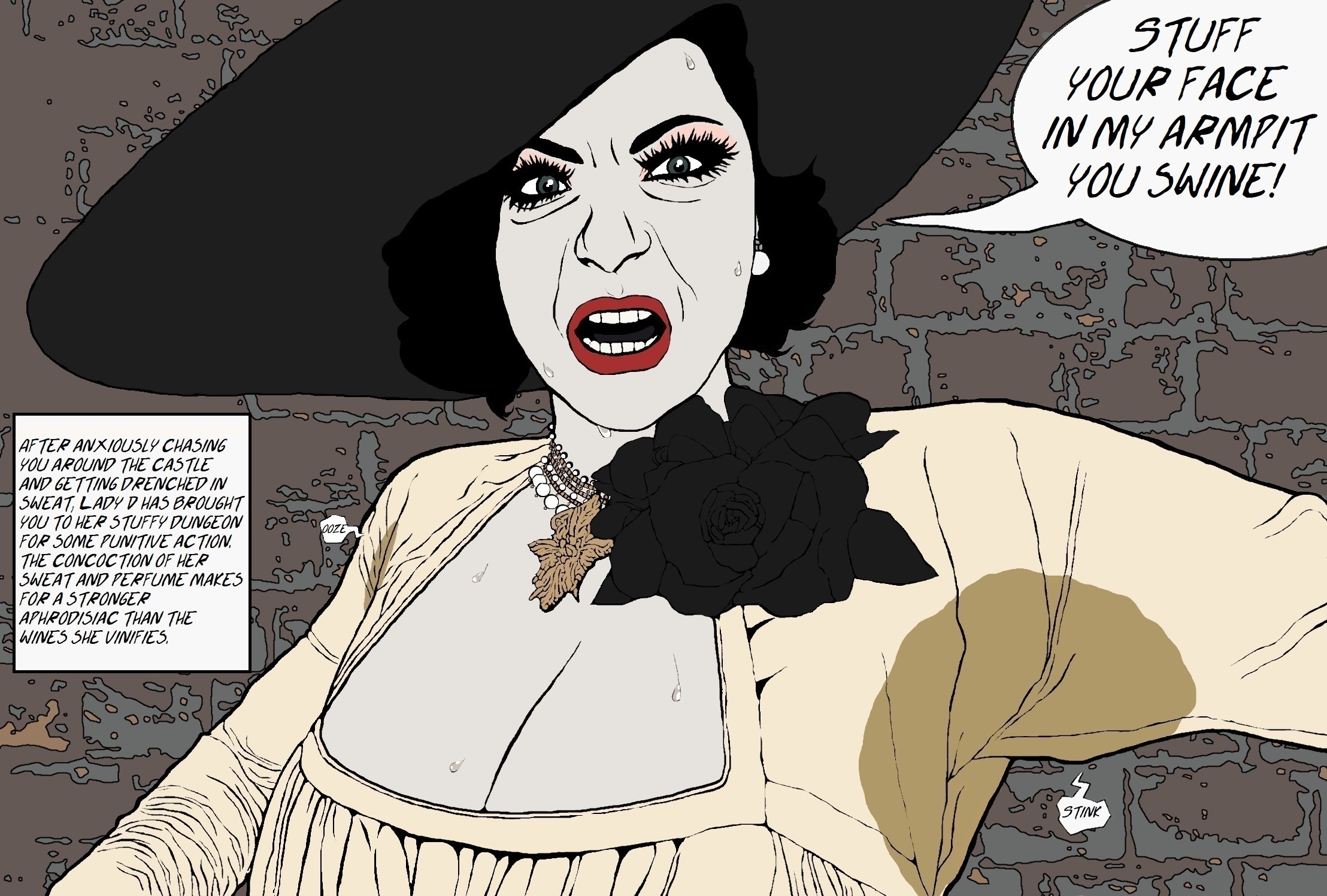 5vv34ty, alcina dimitrescu, armpit fetish, armpit sniffing, armpit stain, armpits, clothing, domination, dungeon, female, femdom, fetish, musk, odor, resident evil, resident evil 8: village, smell, smelling, smelly, smelly armpits, sniff, sniffing, sniffing armpit, solo, speech bubble, sweat, sweat stain, sweatdrop, sweating, sweaty, sweaty armpits, sweaty clothes, what