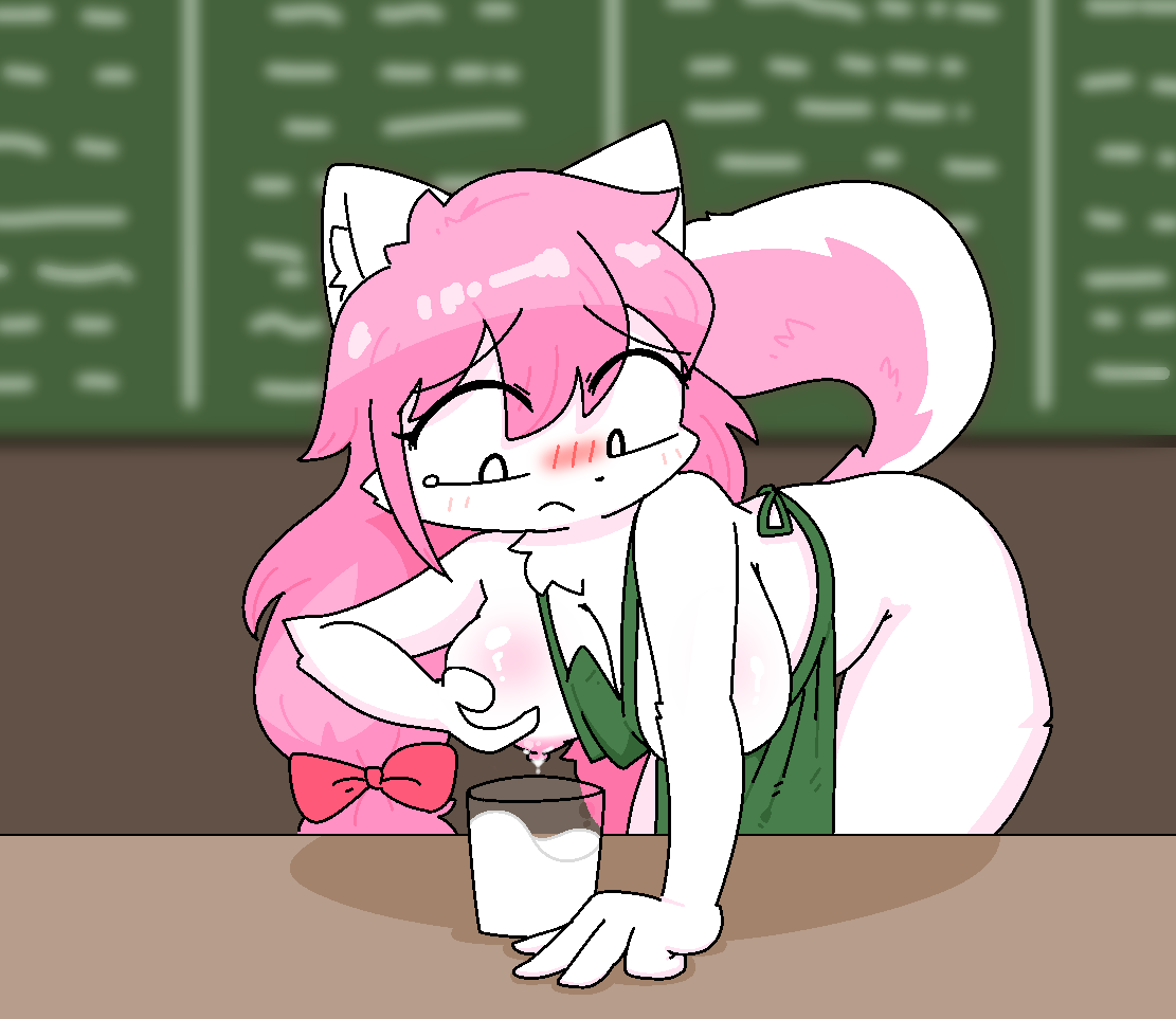 1girls, 2021, anthro, apron, apron only, blush, bow, breast squeeze, breasts, feline, female, female only, iced latte with breast milk, lactation, long hair, meme, milk, nipples, original, original character, pink hair, potatobud3, tail, white body, white fur