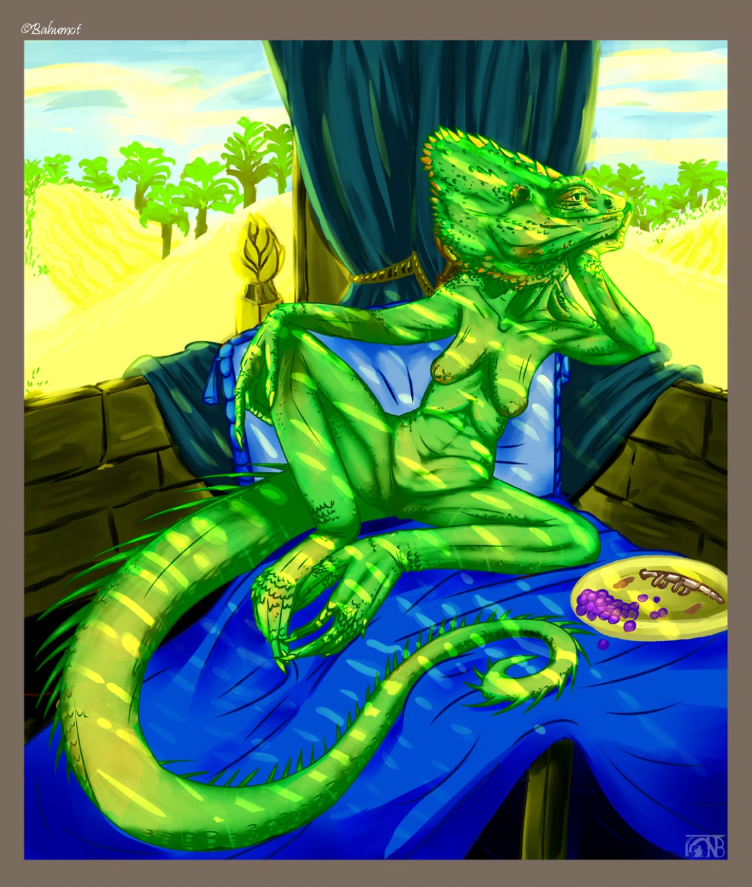 anthro breasts chameleon claws female food fruit grapes kompy lizard lizard_queen nude old pussy reptile scalie solo