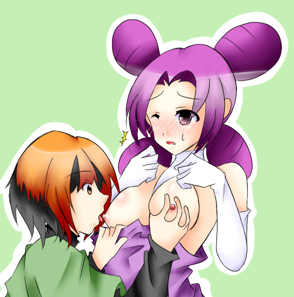 artist_request blush breast_grab breasts clothes color fantina_(pokemon) female female_only gardenia_(pokemon) human human_only melissa_(pokemon) multiple_females multiple_girls nintendo nipples pokemon pokemon_dppt wink yuri