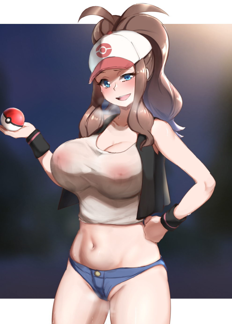 1girls, alternate breast size, big breasts, blue eyes, breasts, brown hair, eye contact, female, hat, hilda (pokemon), huge breasts, long hair, looking at viewer, minishorts, nintendo, no-name (artist), pokemon, pokemon bw, solo, standing, thick thighs