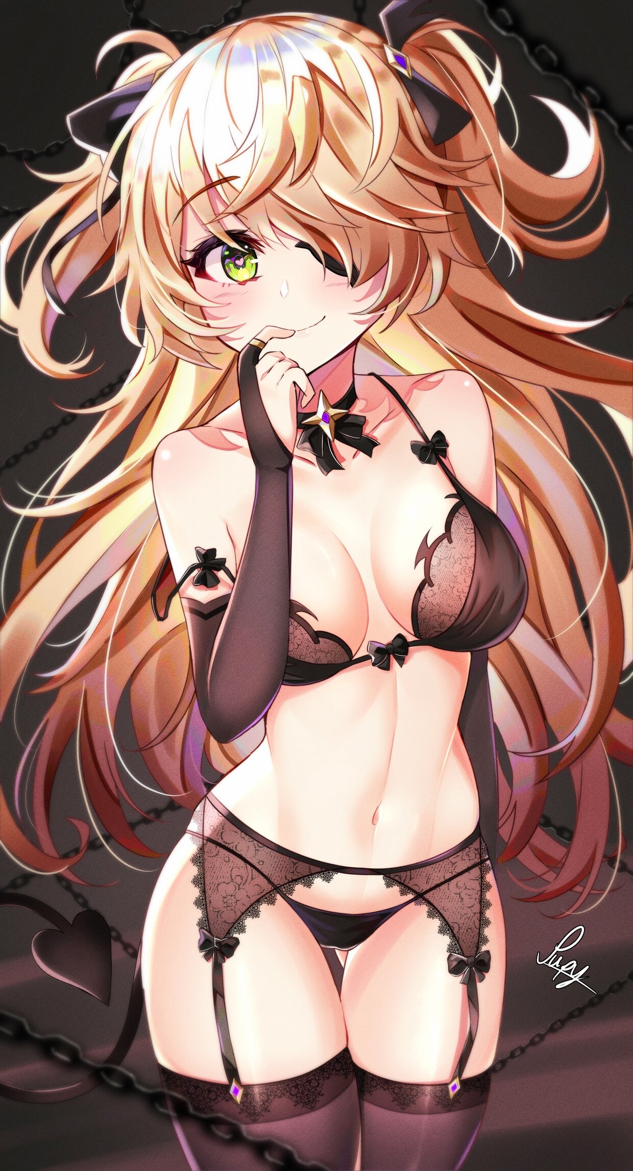1girls, black bra, black panties, blonde hair, bra, breasts, chains, demon tail, eyepatch, female, fischl (genshin impact), garter belt, garter straps, genshin impact, green eyes, heart-shaped pupils, lingerie, panties, smile, strap slip, underwear