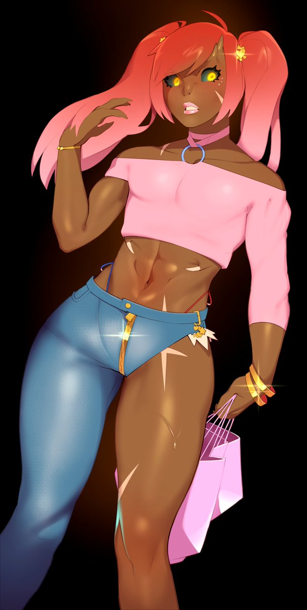 1boy, 1femboy, bag, bare shoulders, black background, black sclera, bracelet, clothing, combos-n-doodles, dark male only, dark skin, dark-skinned femboy, dark-skinned male, demon, demon boy, doom, femboy, feminine male, girly, glowing eyes, hairpin, holding bag, humanized, imp (doom), imp-tan, jewelry, long hair, looking away, male, male only, otoko no ko, pink hair, pink lips, red hair, scar, sissy, solo, solo male, toned, toned male, trap, twintails, yellow eyes