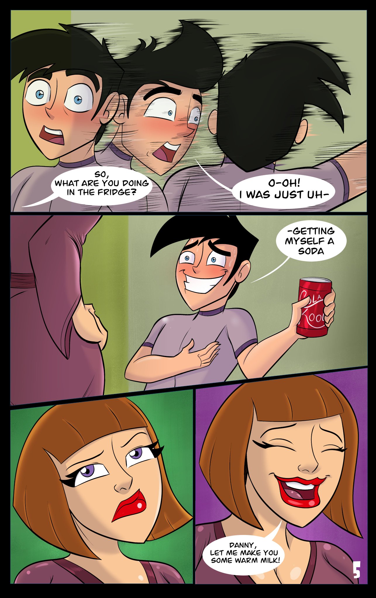 1boy, 1girls, ameizing lewds, bigboobsperv, black hair, blue eyes, breasts, brown hair, busty, cleavage, comic, danny fenton, danny phantom, english text, eyelashes, female, hourglass figure, legs, lips, madeline fenton, male, mature, mature female, milf, mother, mother and son, nickelodeon, page 5, purple eyes, red lips, red lipstick, short hair, son, straight, thick legs, thick thighs, thighs, voluptuous, wide hips