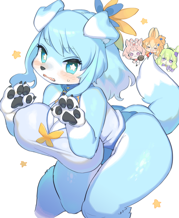 anthro big_breasts blue_eyes blue_fur blue_hair canine dog_ears fur furry pawpads paws rikose star_pupils