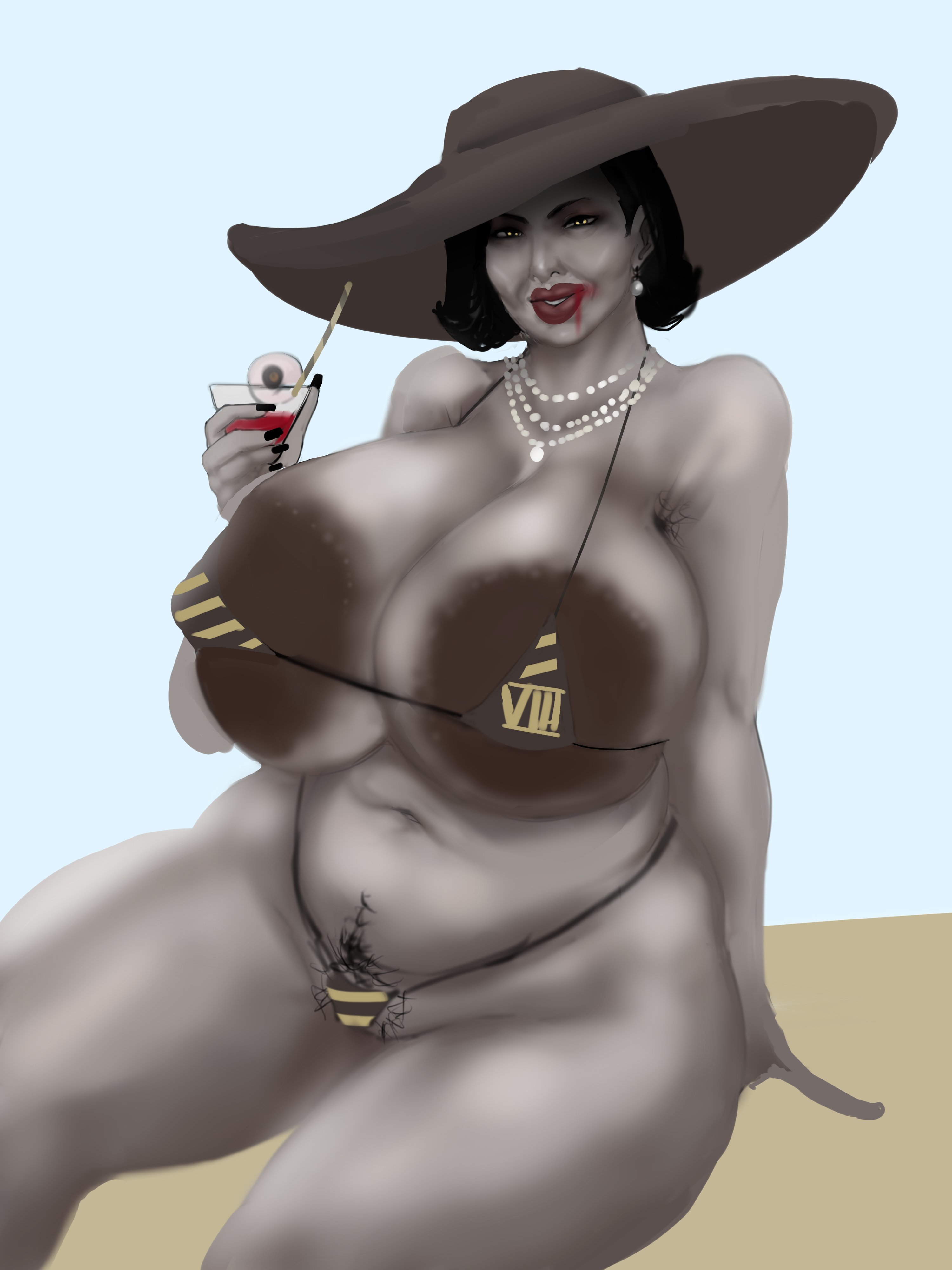 1girls, alcina dimitrescu, armpit hair, bikini, breasts, busty, curvy, female, gigantic breasts, grey skin, huge areolae, huge breasts, looking at viewer, milf, pubic hair, resident evil, resident evil 8: village, skimpy bikini, solo, solo female, venus body, voluptuous, ysr3215