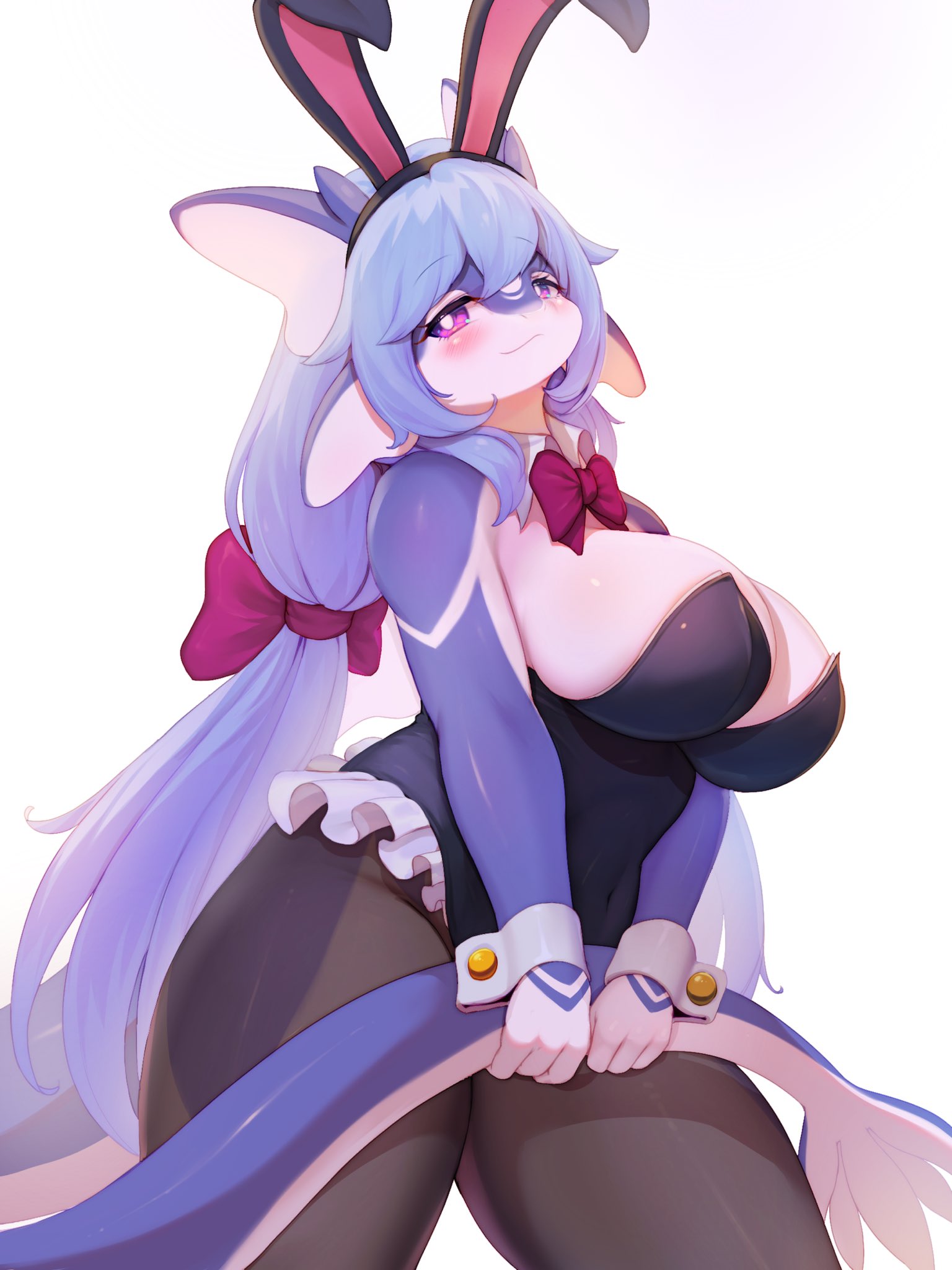 1girls, anthro, aruri (whooo-ya), blue hair, blush, bunny ears, bunnysuit, cleavage, detached collar, dragon, dragon tail, female, female only, hair ribbon, hi res, holding tail, long hair, looking at viewer, narrowed eyes, neck ribbon, original, pantyhose, pink eyes, solo, solo female, tail, thick thighs, tied hair, white background, whooo-ya, wrist cuffs