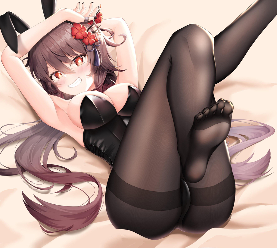 breasts, bunny ears, bunny girl, bunnysuit, feet, feet up, female, female only, genshin impact, hu tao (genshin impact), human, thighs