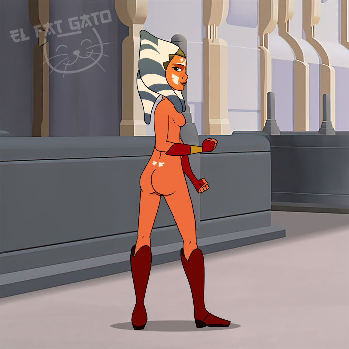 1girls ahsoka_tano ass blue_eyes breasts elfatgato female_focus female_only forces_of_destiny looking_at_viewer looking_back medium_breasts nipples nude sideboob simple_background smile solo star_wars text togruta watermark