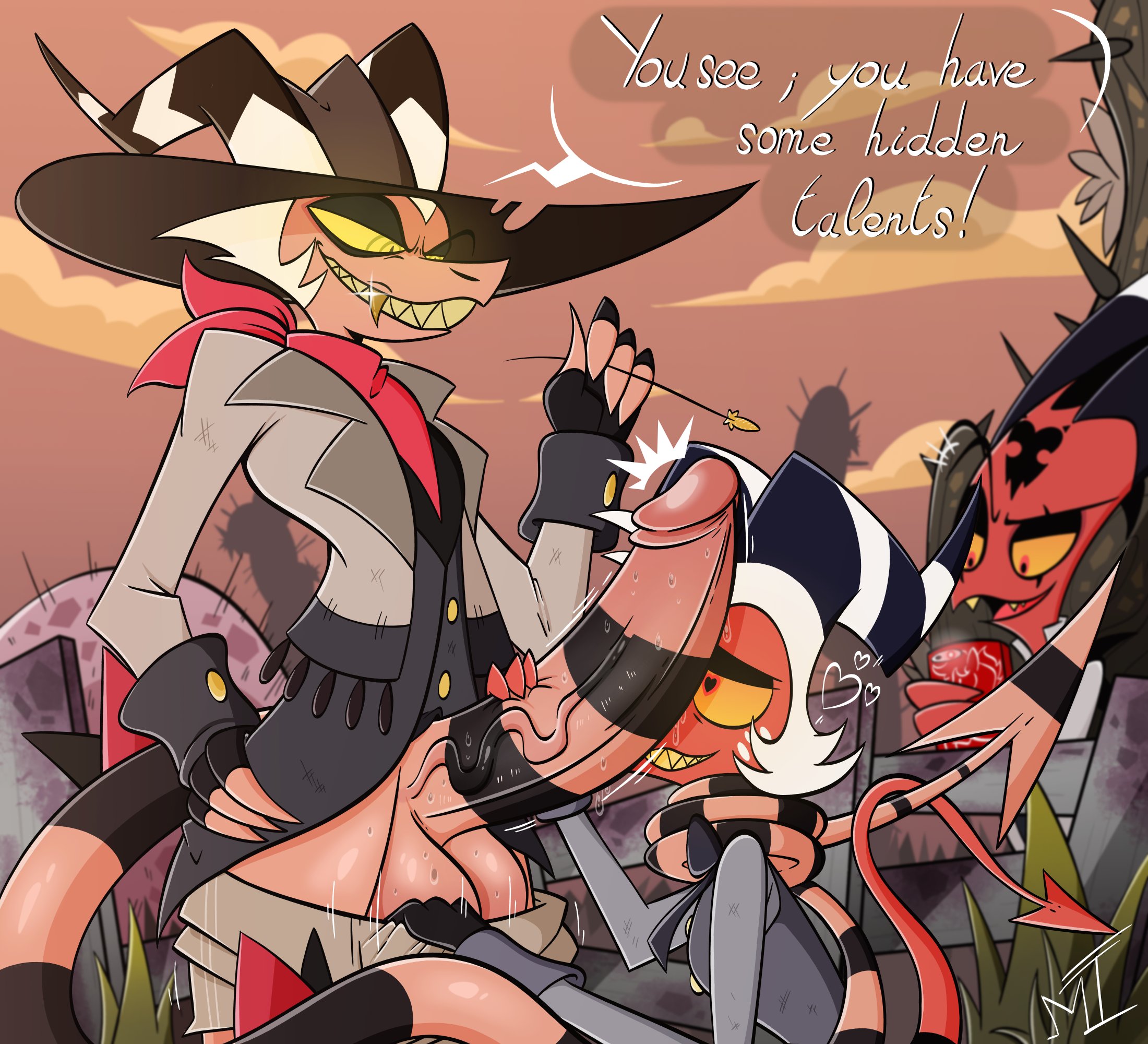 2boys, ass, balls, big ass, big balls, big cock, big penis, blitzo (helluva boss), clothed, cowboy hat, demon, erect penis, erection, gay, hand on hip, hand on penis, handjob, heart-shaped pupils, helluva boss, horns, huge balls, huge cock, huge penis, imp, kneeling, looking pleasured, male, male only, male/male, moxxie (helluva boss), mrt0ony, on knees, pants down, penis, penis on face, pulling down pants, red skin, smile, smiling, standing, straw, striker (helluva boss), tail, tail around neck, text, vein, vivienne medrano, white hair, yaoi