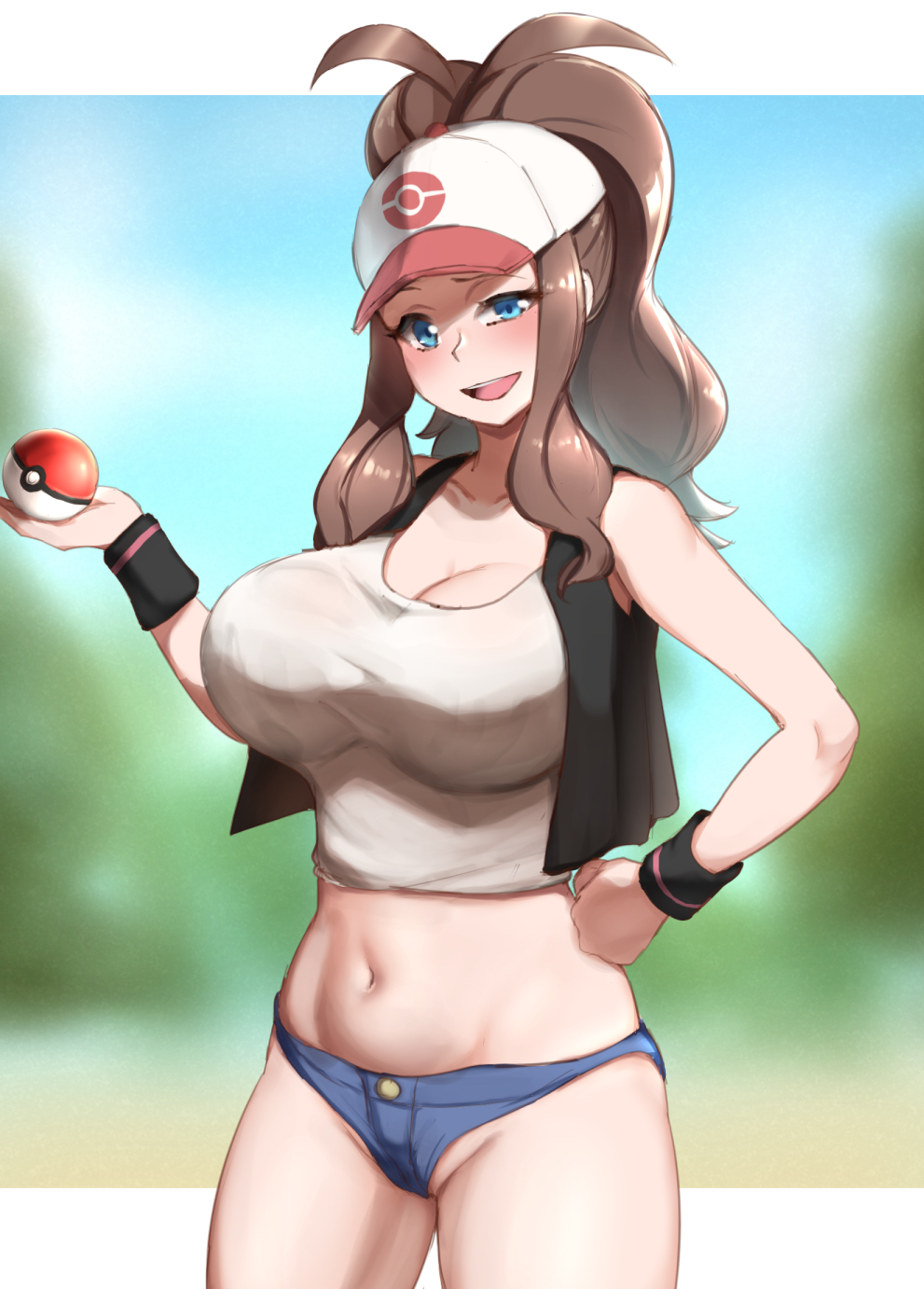 1girls, alternate breast size, big breasts, blue eyes, breasts, brown hair, eye contact, female, hat, hilda (pokemon), huge breasts, long hair, looking at viewer, minishorts, nintendo, no-name (artist), pokemon, pokemon bw, solo, standing, thick thighs