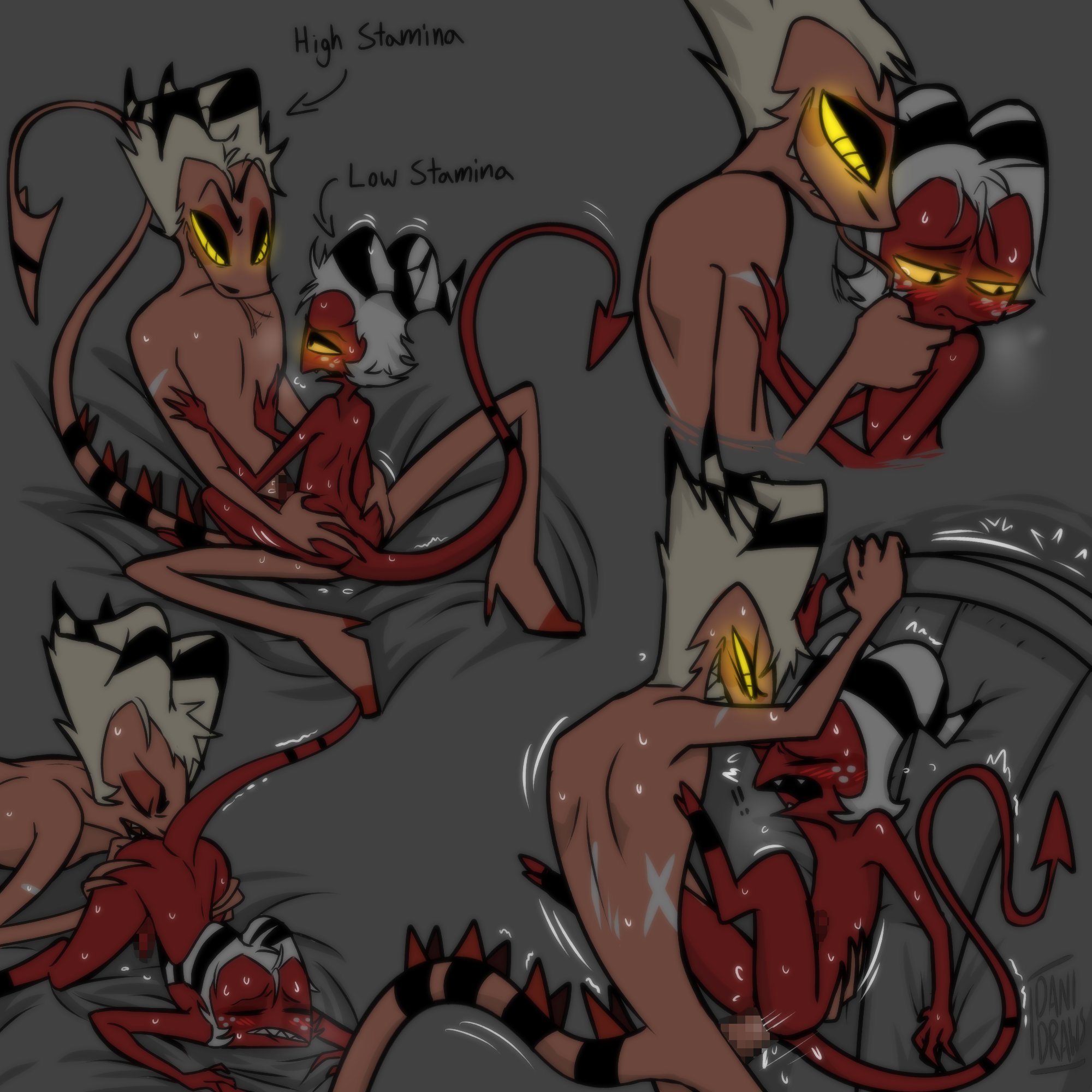 2boys, against wall, anal, anal sex, ass, ass up, balls, blush, caress, caressing face, censored, closed eyes, cowgirl position, danidrawsandstuff, demon, face down ass up, gay, gay anal, gay sex, hand on chest, hands on ass, helluva boss, homosexual, homosexual male, homosexual sex, horns, imp, legs up, licking ass, looking down, looking pleasured, male, male penetrated, male penetrating, male penetrating male, male/male, moxxie (helluva boss), naked, nude, on bed, penis, red skin, rimjob, rimming, size difference, smile, smiling, standing, striker (helluva boss), tail, vivienne medrano, white hair, yaoi, yellow eyes