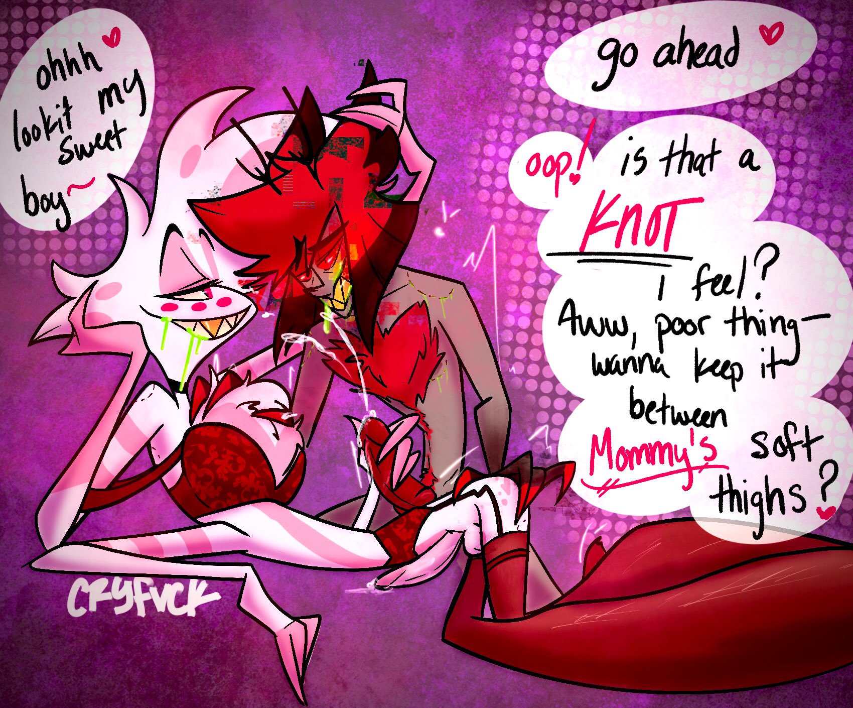 2boys, 4 arms, alastor (hazbin hotel), angel dust (hazbin hotel), ass, balls, bra, chest hair, chest tuft, choker, cryfvck, cum, cum on floor, cumming, cumshot, deer, demon, drugged sex, ejaculation, erect penis, erection, garter belt, hand on ass, hand on chest, hand on penis, handjob, hazbin hotel, knot, knotted humanoid penis, legs together, lingerie, looking back, looking pleasured, looking up, male, multi arm, multi limb, naked, nude, on side, penis, red fur, scars, sharp teeth, smile, smiling, spider, text, thighhighs, vivienne medrano, white fur, white hair, yaoi