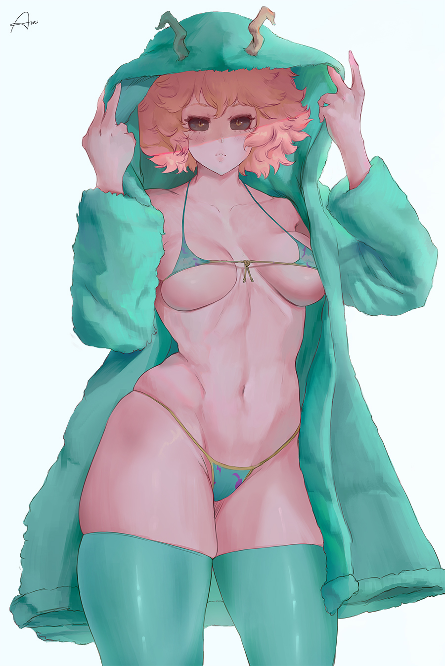 1girls, alternate costume, araneesama, artist signature, bare shoulders, black sclera, blush, breasts, clothing, coat, cropped legs, curvaceous, curvy, curvy female, curvy figure, cutesexyrobutts (style), eyelashes, female, female only, fur coat, high resolution, hoodie, horns, legwear, looking at viewer, medium breasts, micro bikini, midriff, mina ashido, my hero academia, navel, nipples, pink hair, pink skin, pink-haired female, plain background, revealing clothes, shiny, shiny hair, shiny skin, simple background, solo, solo focus, string bikini, text, thick thighs, thighhighs, visible nipples, white background, wide hips, yellow eyes