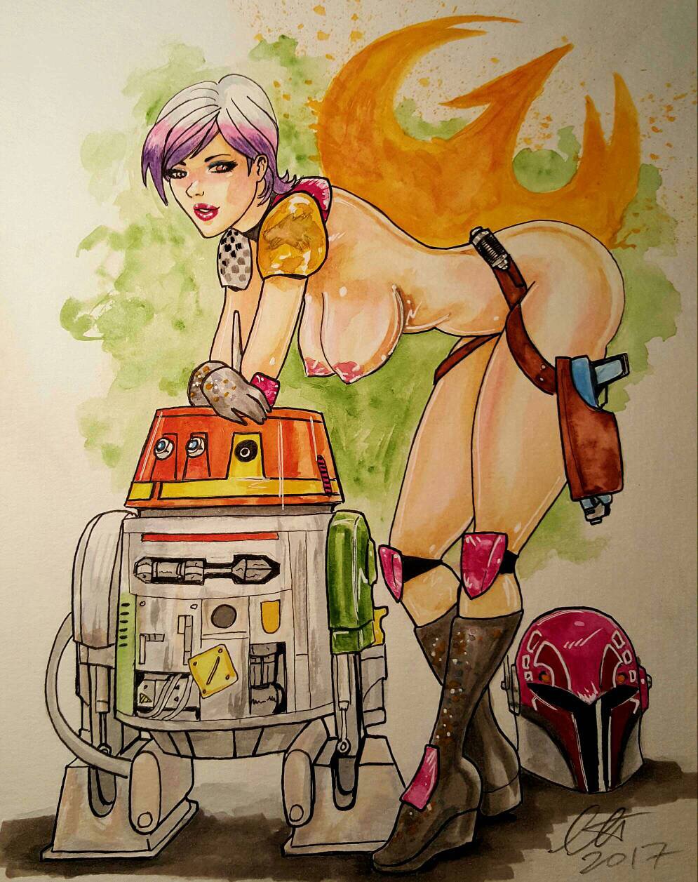 1girls almostheroesart big_breasts breasts brown_eyes chopper_(star_wars) cleavage colored_hair curvy female_focus female_only looking_at_viewer nipples nude sabine_wren short_hair sideboob simple_background solo star_wars star_wars_rebels text wide_hips