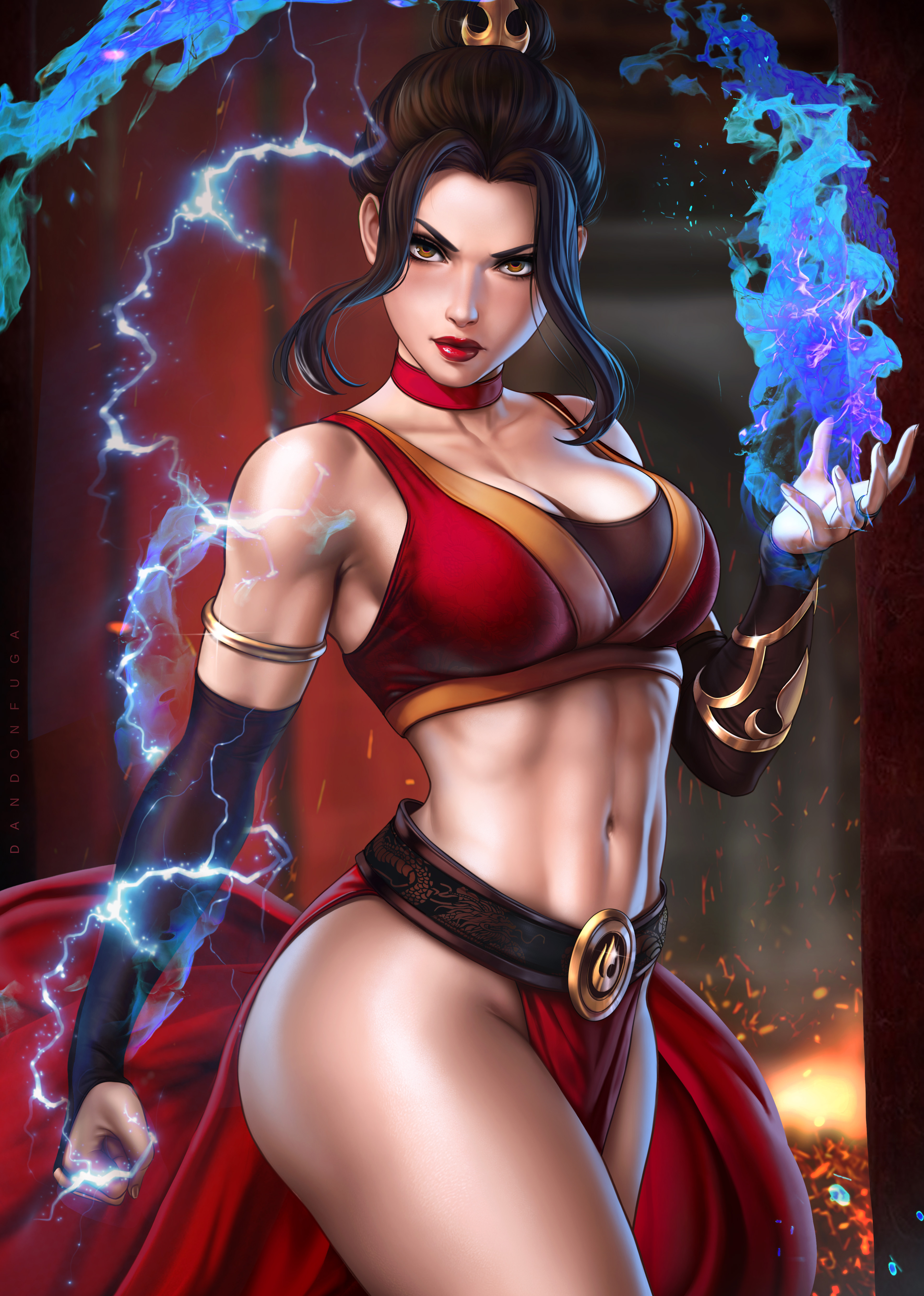 1girls, abs, avatar legends, avatar the last airbender, azula, bare shoulders, big breasts, breasts, brown eyes, brown hair, child bearing hips, cleavage, clothed, clothing, dandon fuga, female, female focus, female only, fire, fire nation, firebending, fit, fit female, hair up, halter top, hips, large breasts, lighting, loincloth, looking at viewer, midriff, muscular, muscular female, navel, nickelodeon, solo, solo female, solo focus, thick thighs, thighs, toned, toned female, very long hair, wide hips