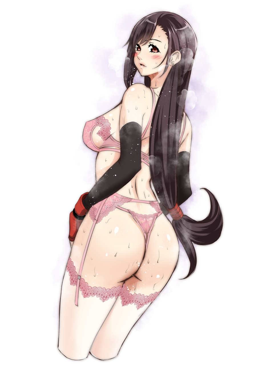 1girls ass back bangs belt black_hair blush bra breasts brown_eyes commentary_request cowboy_shot cropped_legs earrings elbow_gloves female final_fantasy final_fantasy_vii from_behind garter_belt gloves highres itachou jewelry lace lace-trimmed lace_bra lace_panties lace_trim layered_gloves legwear lingerie long_hair looking_at_viewer looking_back low-tied_long_hair medium_breasts panties parted_lips pink_bra pink_garter pink_legwear pink_lingerie pink_panties pink_stockings red_gloves sideboob simple_background solo standing steam stockings stud_earrings swept_bangs thighhighs thong tifa_lockhart underwear white_background