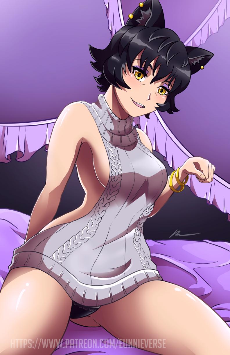 1girls, black hair, breasts, cat ears, eunnie, eyeshadow, faunus, female, kali belladonna, milf, rwby, short black hair, sideboob, turtleneck, virgin killer sweater, yellow eyes