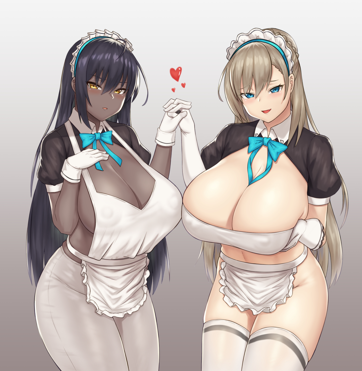 2021, 2girls, apron, asuna (blue archive), big breasts, blue archive, blue eyes, blush, bow, breasts, cleaning & clearing (blue archive), cleavage, covered navel, covered nipples, dark skin, dark-skinned female, eyebrows, eyebrows visible through hair, female, female focus, female only, gloves, gradient background, hand on breast, hand on own breast, hand on own chest, hand under breast, holding hands, karin (blue archive), legwear, looking at viewer, maid, maid headdress, millennium science school student, nipples visible through clothing, oerba yun fang, pants, simple background, standing, tight pants, white apron, white gloves, white legwear, white pants, yellow eyes, zb (xucz8527)