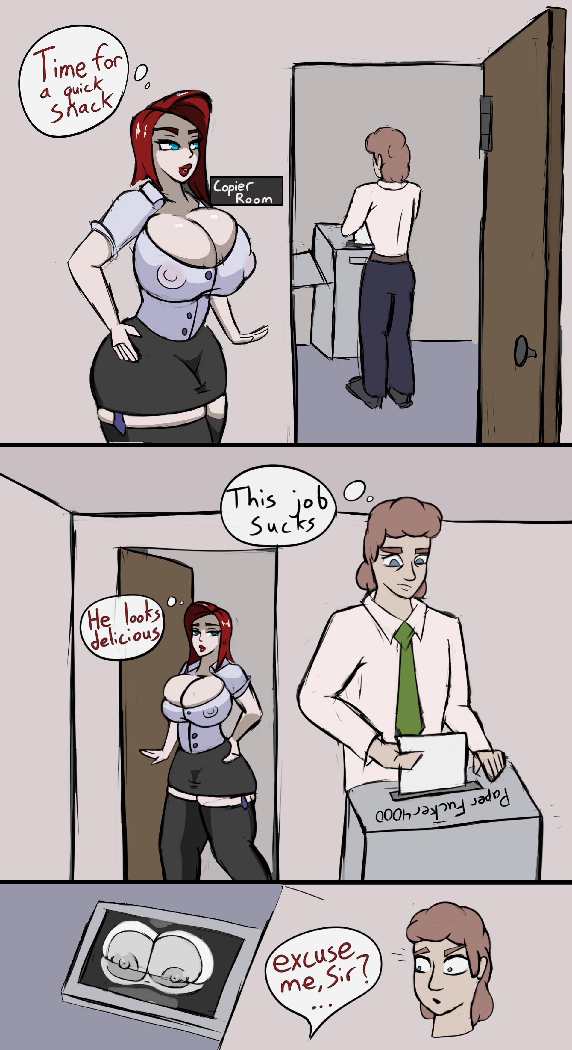 1boy, 1girls, ass, blue eyes, breasts, comic, comic page, demon, dialogue, female, huge ass, huge breasts, inviting to sex, large ass, large breasts, male, office, qolim, red hair, succubus