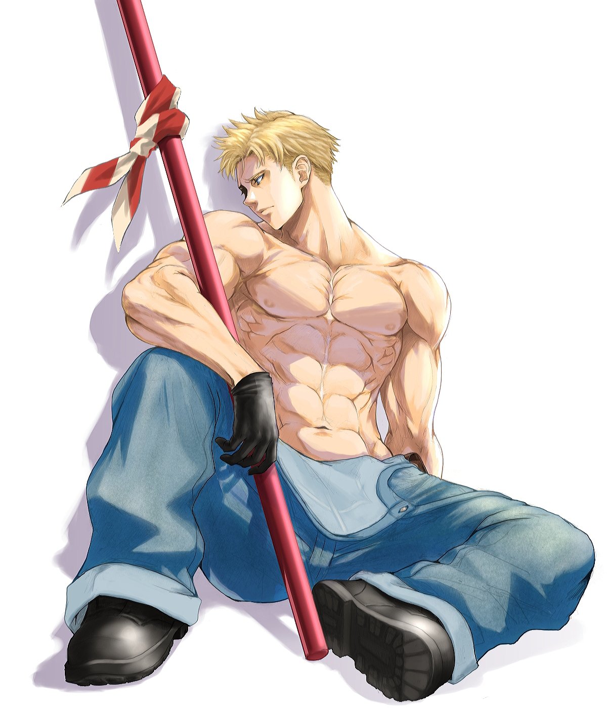 1boy abs anagumasan billy_kane blonde_hair bojutsu_stick fatal_fury jeans king_of_fighters male_only shirtless shoes simple_background snk solo_male