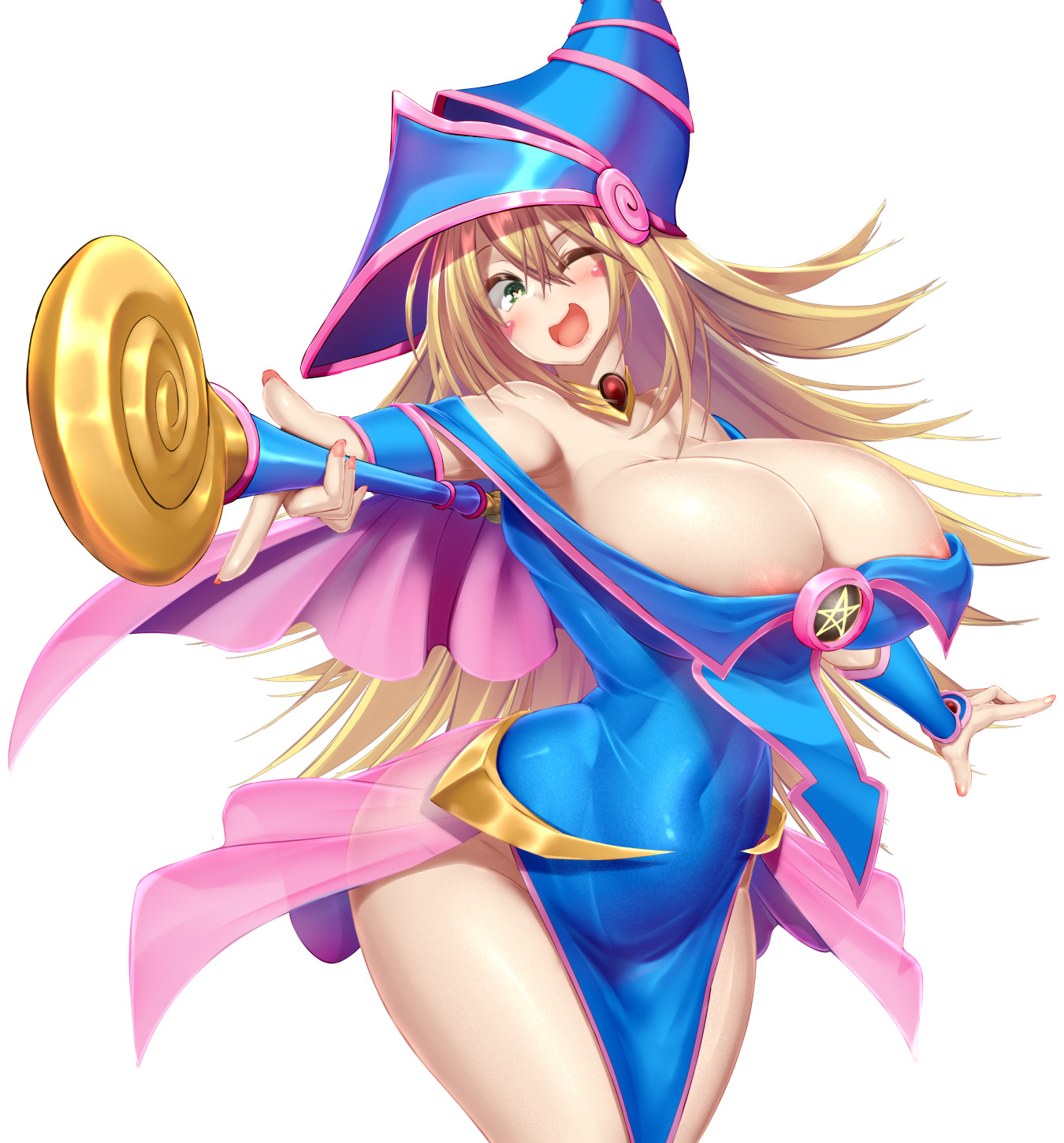 areola, areola slip, areolae, ass, big breasts, blonde hair, breasts, cleavage, clothing, dark magician girl, female, female only, green eyes, happy, heart-shaped pupils, huge breasts, kawahagitei, magical girl, tagme, thick thighs, thighs, voluptuous, yu-gi-oh!, yu-gi-oh! duel monsters