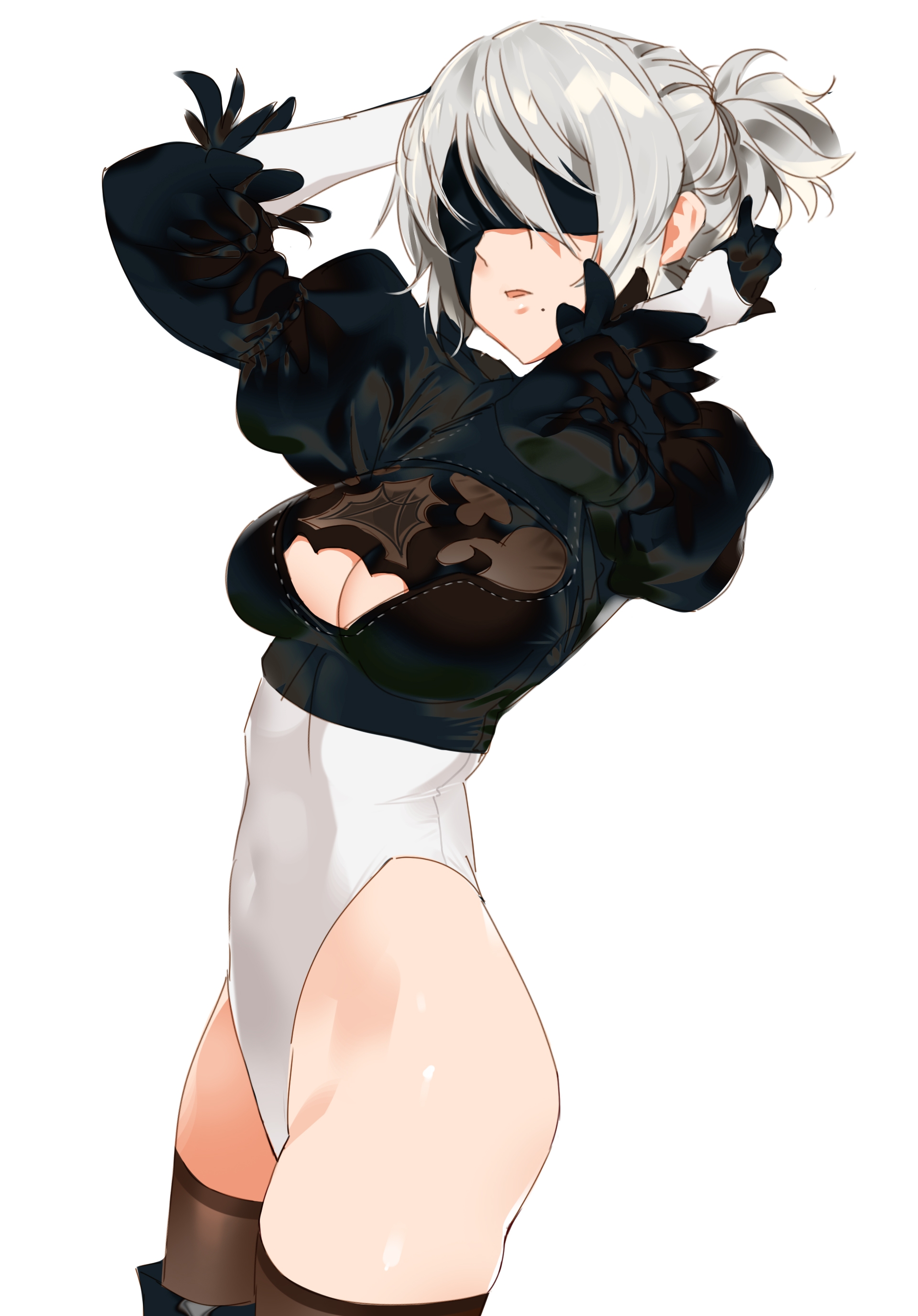 black legwear, blindfold, female, leotard, medium hair, mole, mole under mouth, nier (series), nier: automata, solo, standing, thighhighs, white background, white hair, white leotard, yd (orange maru), yorha 2b