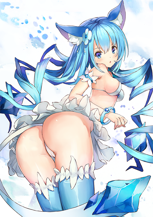 :o, 1girls, animal ears, arched back, armlet, ass, bare shoulders, bikini, bikini top, blue eyes, blue hair, blue legwear, blush, bracelet, breasts, cameltoe, covered nipples, female, flower, glaceon, hair between eyes, hair flower, humanized, jewelry, legs together, long hair, looking at viewer, looking back, medium breasts, panties, personification, pokemon, pokemon (species), pussy, sakaraubito, shiny, shiny hair, sideboob, skindentation, skirt, solo, swimsuit, tail, thighhighs, underwear, white bikini, white panties