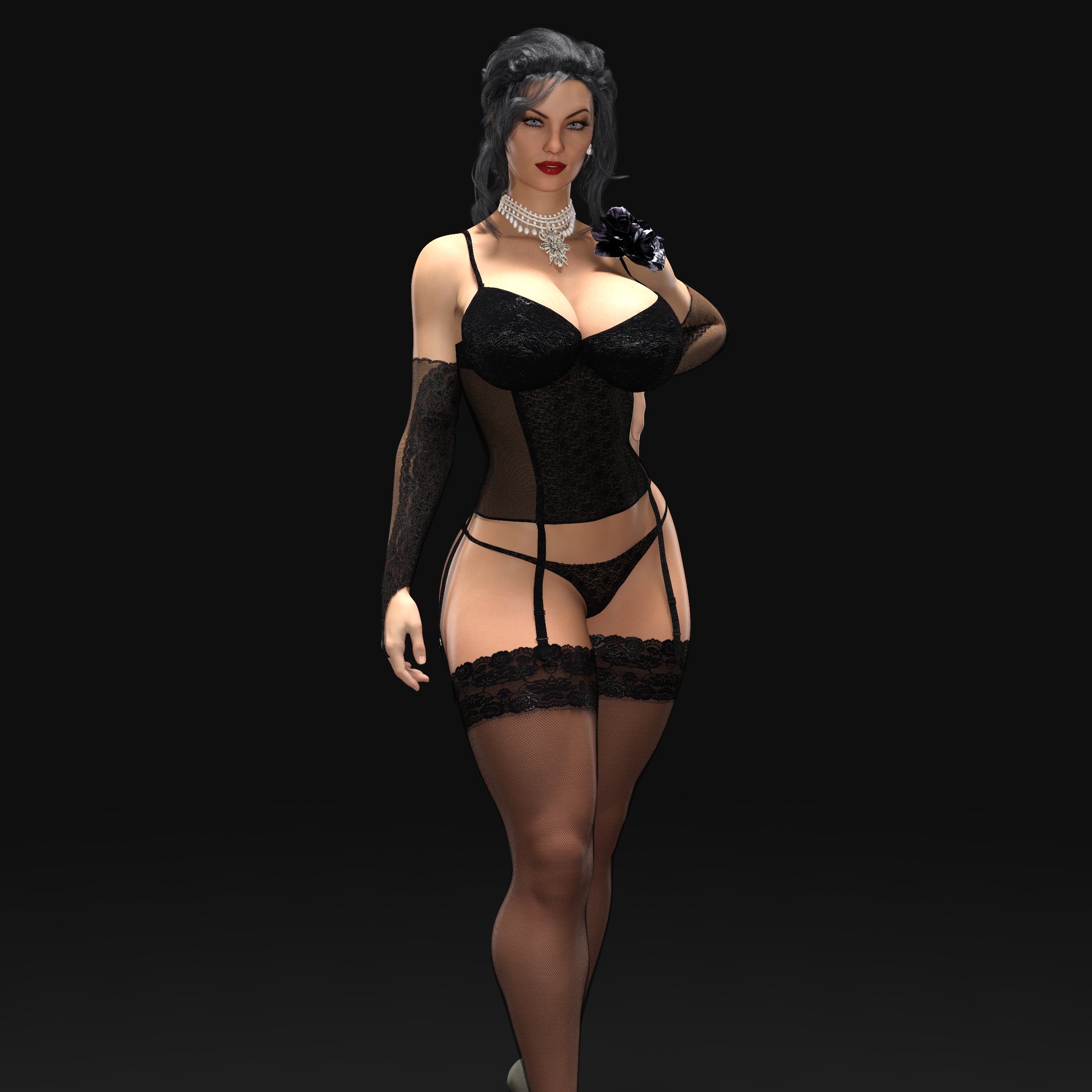 1girls, 3d, alcina dimitrescu, black background, black hair, black lingerie, black panties, black underwear, blue eyes, breasts, classy, cleavage, earrings, female, female only, garter straps, gm studios, hand on hip, large breasts, lingerie, lipstick, looking at viewer, milf, necklace, panties, plain background, red lipstick, resident evil, resident evil 8: village, smile, solo, stockings, thighs, underwear