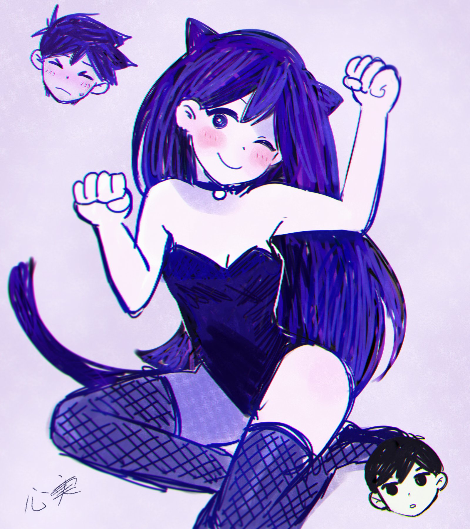 1girls, 2boys, blush, cat ears, cat tail, collar, female, female focus, fishnet legwear, fishnets, hero (omori), k0k0smides, male, mari (headspace), mari (headspace) (omori), mari (omori), mob face, monochrome, omori, omori (character), solo focus